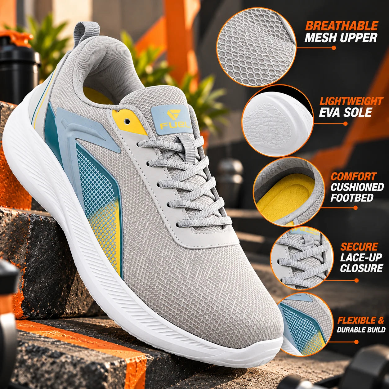 FUEL Rainbow Comfortable and light-weight Sports Shoes For Men (Grey)