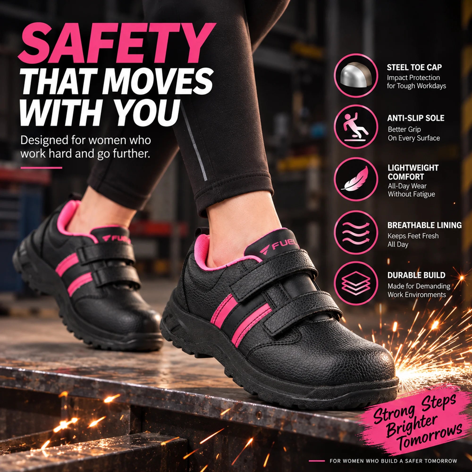FUEL Riga Leather Safety Shoes for Women's Steel Toe Cap With Single Density PVC Sole (Pink)