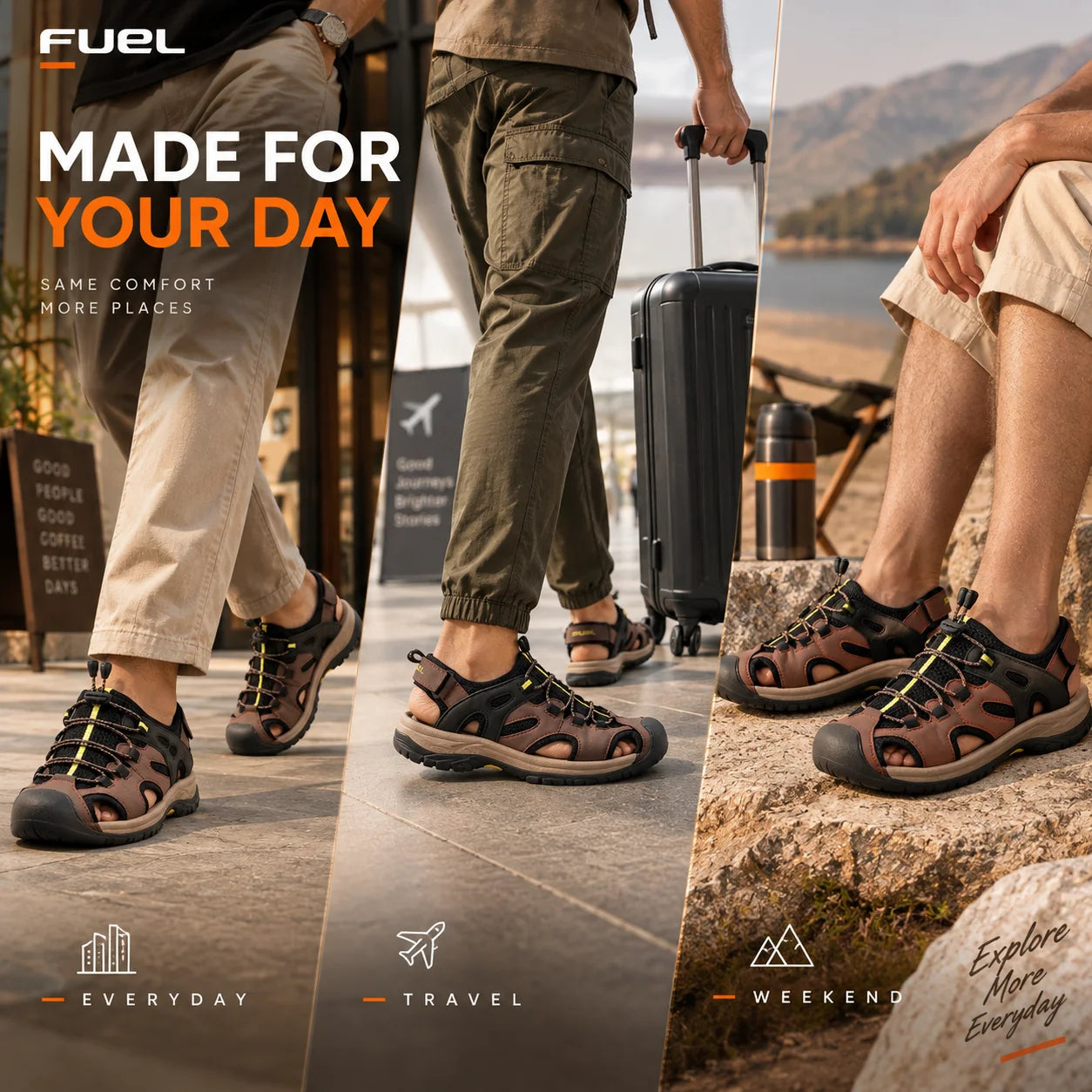 FUEL Commando-03 Fishermen Sandals | Mesh + Rexine Upper | EVA + Rubber Sole | Cushioned Footbed | Adjustable Velcro Closure (Brown)