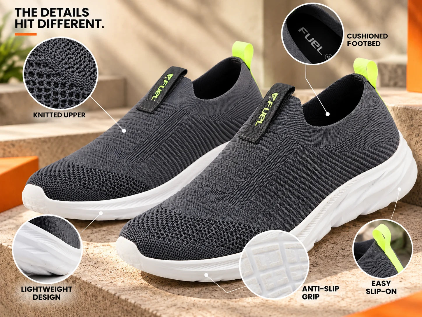 FUEL Flash-02 Soft Cushioned Insole and Breathable Knit Upper with EVA Sole & Casual Slip-On Sports Shoes for Men (Grey)