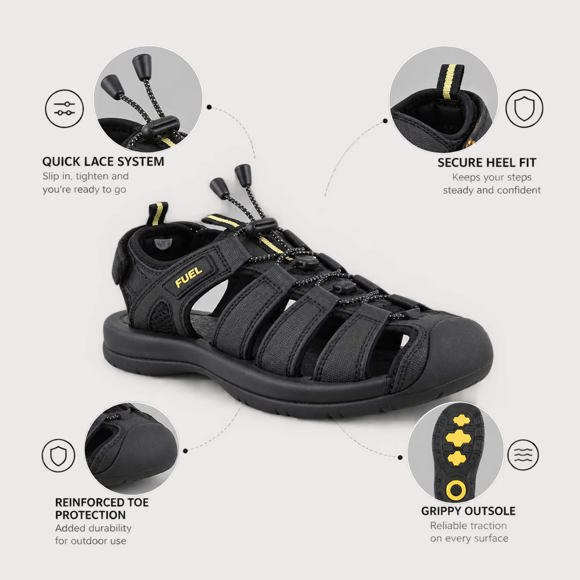 FUEL Commando Comfortable & Breathable Men’s Flexible Fisherman Outdoor Sandals with Protective Toe Cap (Black)