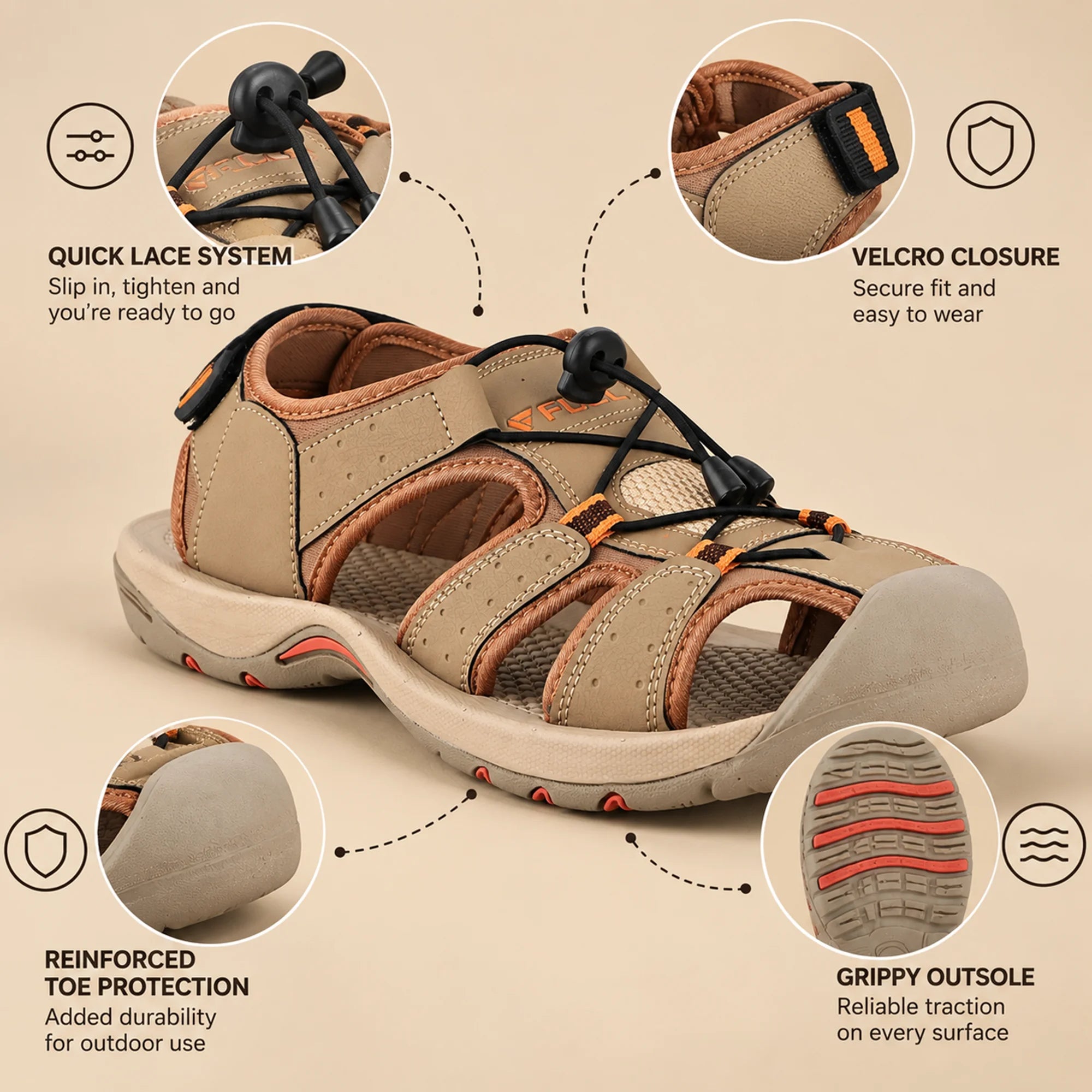 FUEL Soldier-02 Flexible Fisherman Sandals for Men (Beige)