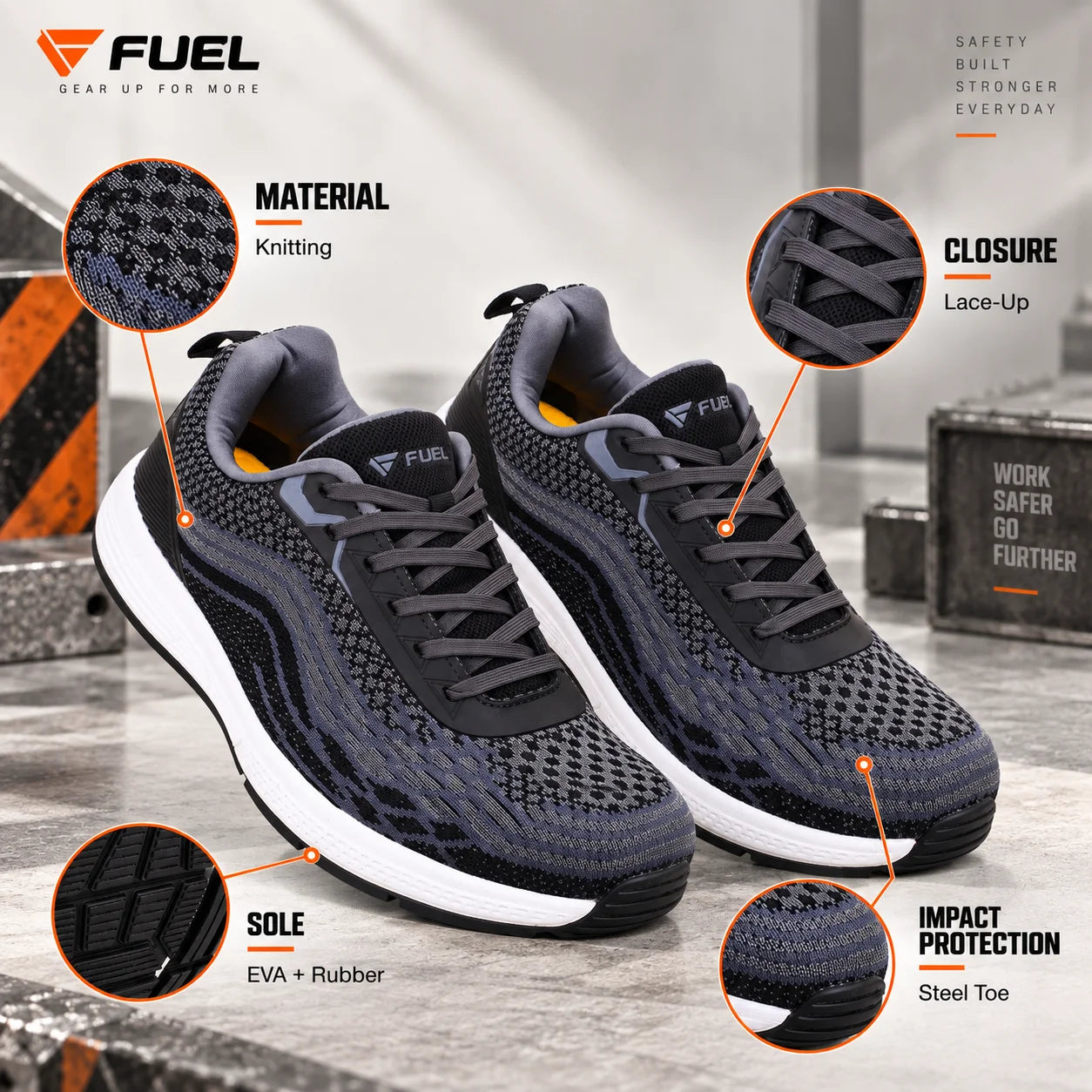 FUEL Adam Men's Protective Safety Shoes | Steel Toe | Flexible EVA + Rubber Sole | Industrial, Factory & Warehouse Shoes (Black)