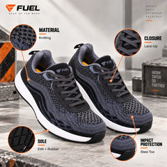 FUEL Adam Men's Protective Safety Shoes | Steel Toe | Flexible EVA + Rubber Sole | Industrial, Factory & Warehouse Shoes (Black)