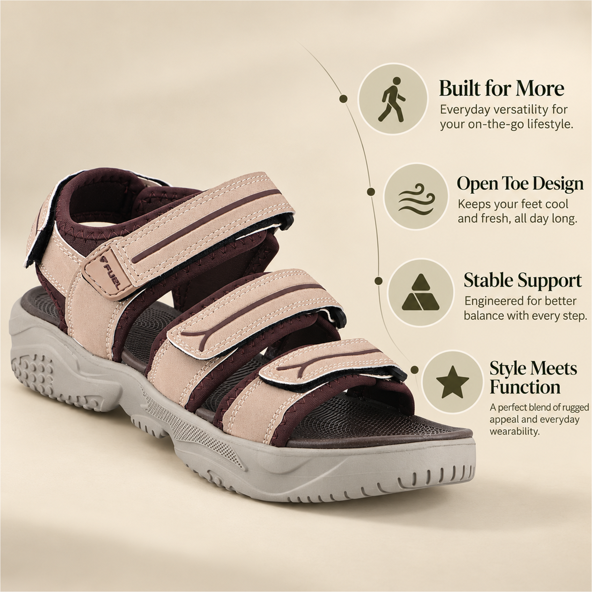 FUEL Keta Comfortable & Lightweight Sports Sandals for Men's (Brown)