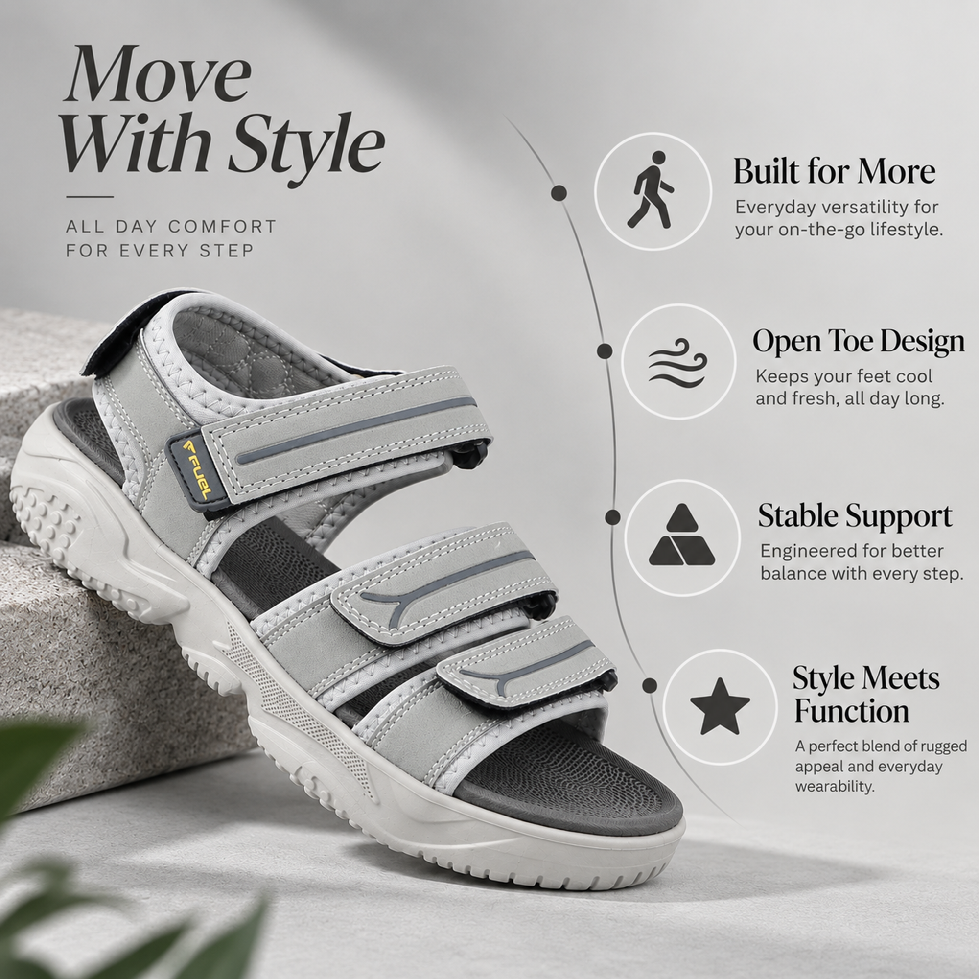 FUEL Keta Comfortable & Lightweight Sports Sandals for Men's (Grey)