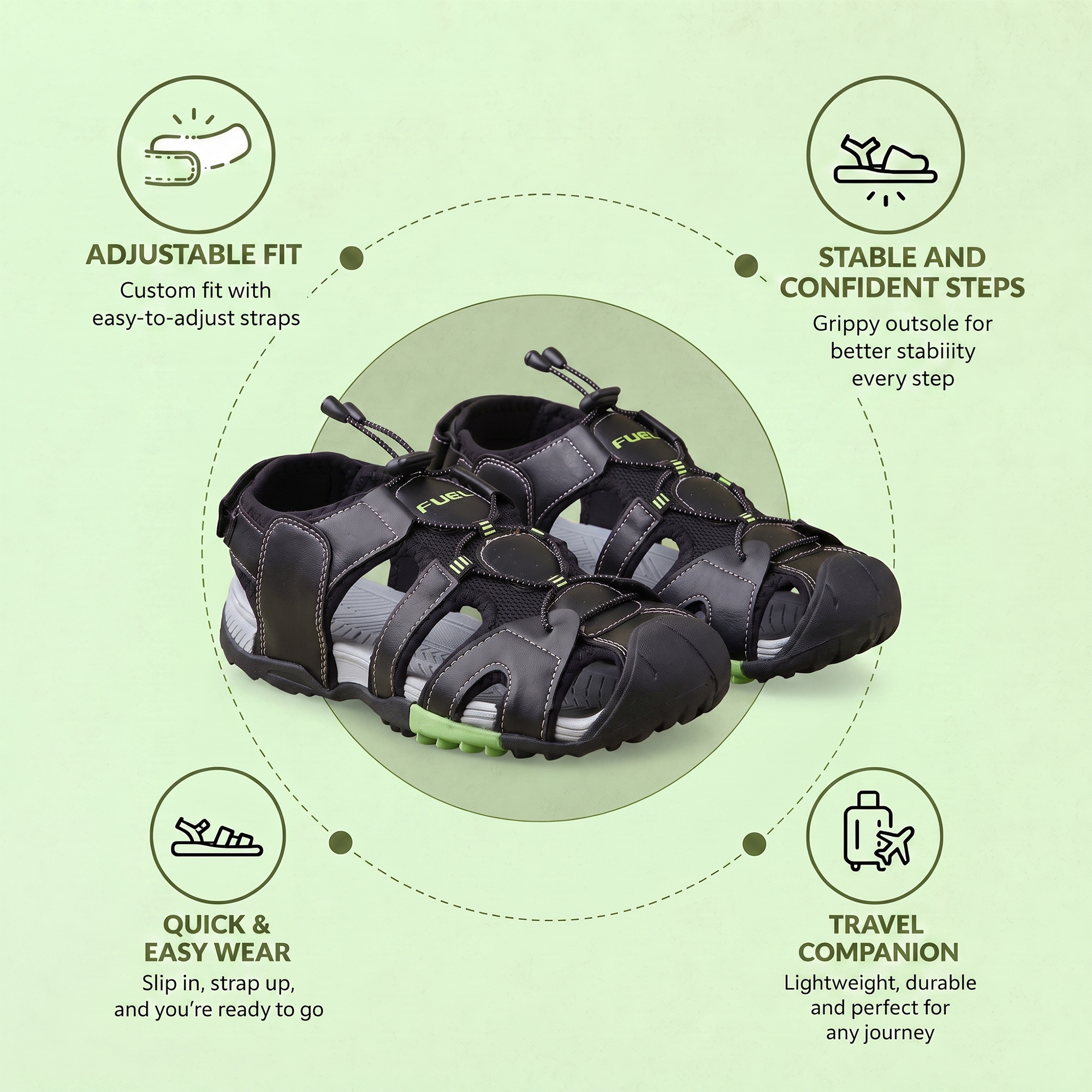 FUEL Warriors Lightweight & All-Day Comfort Sandals for Men's (Black)