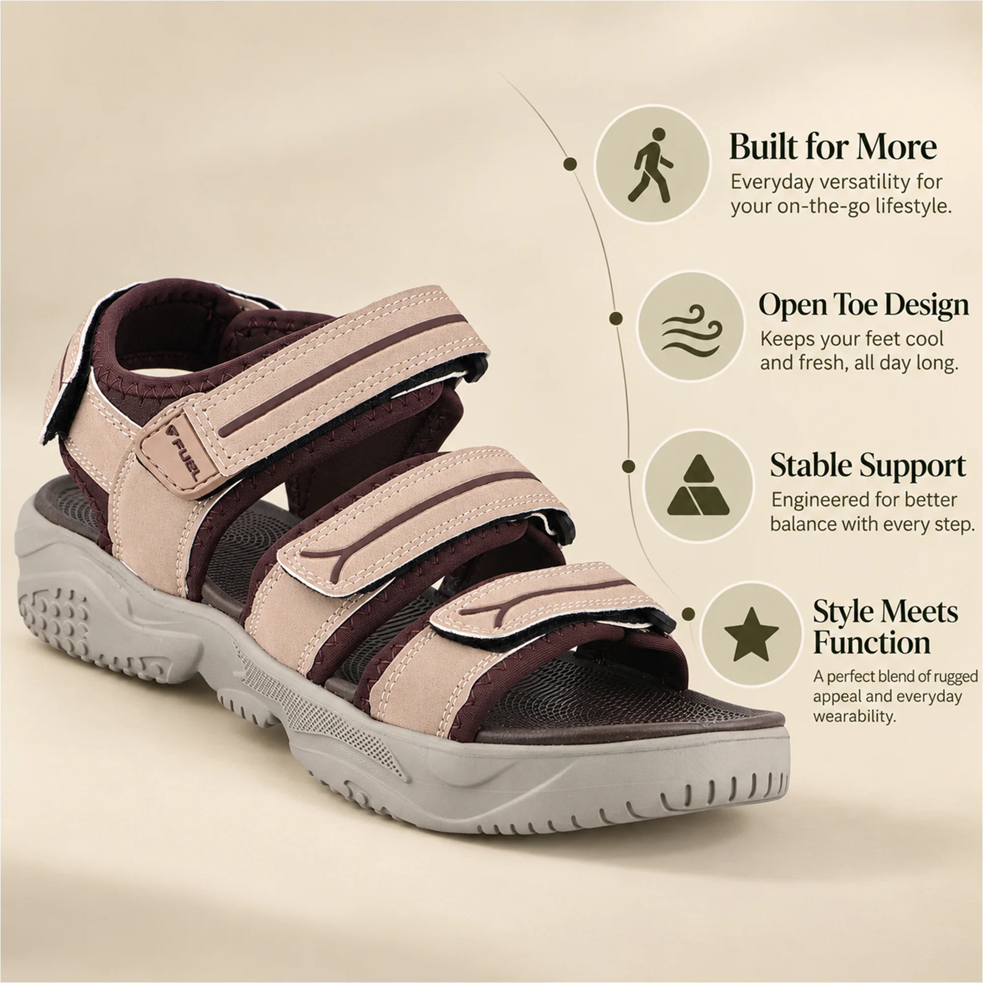 FUEL Keta Comfortable & Lightweight Sports Sandals for Men's (Brown)