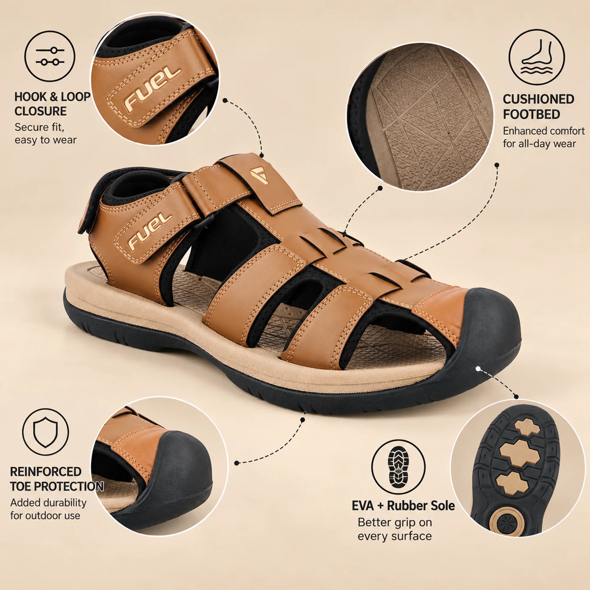 FUEL Commando-1 Comfortable Outdoor & Daily Wear  Men’s Flexible Fisherman Rubber Sandals with Protective Toe Cap (Tan)
