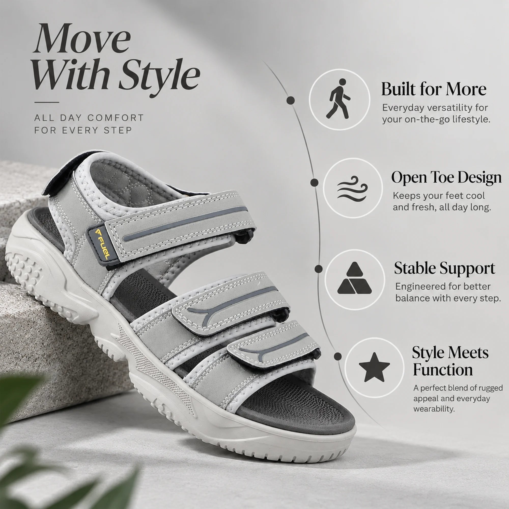 FUEL Keta Comfortable & Lightweight Sports Sandals for Men's (Grey)