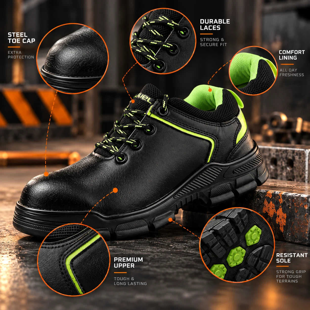 FUEL Reevon-05 ISI Mark Work Safety Shoes for Men – 200J Non-Metallic Toe Protection, Kevlar Insole, Breathable Lining & Durable Nitrile Sole