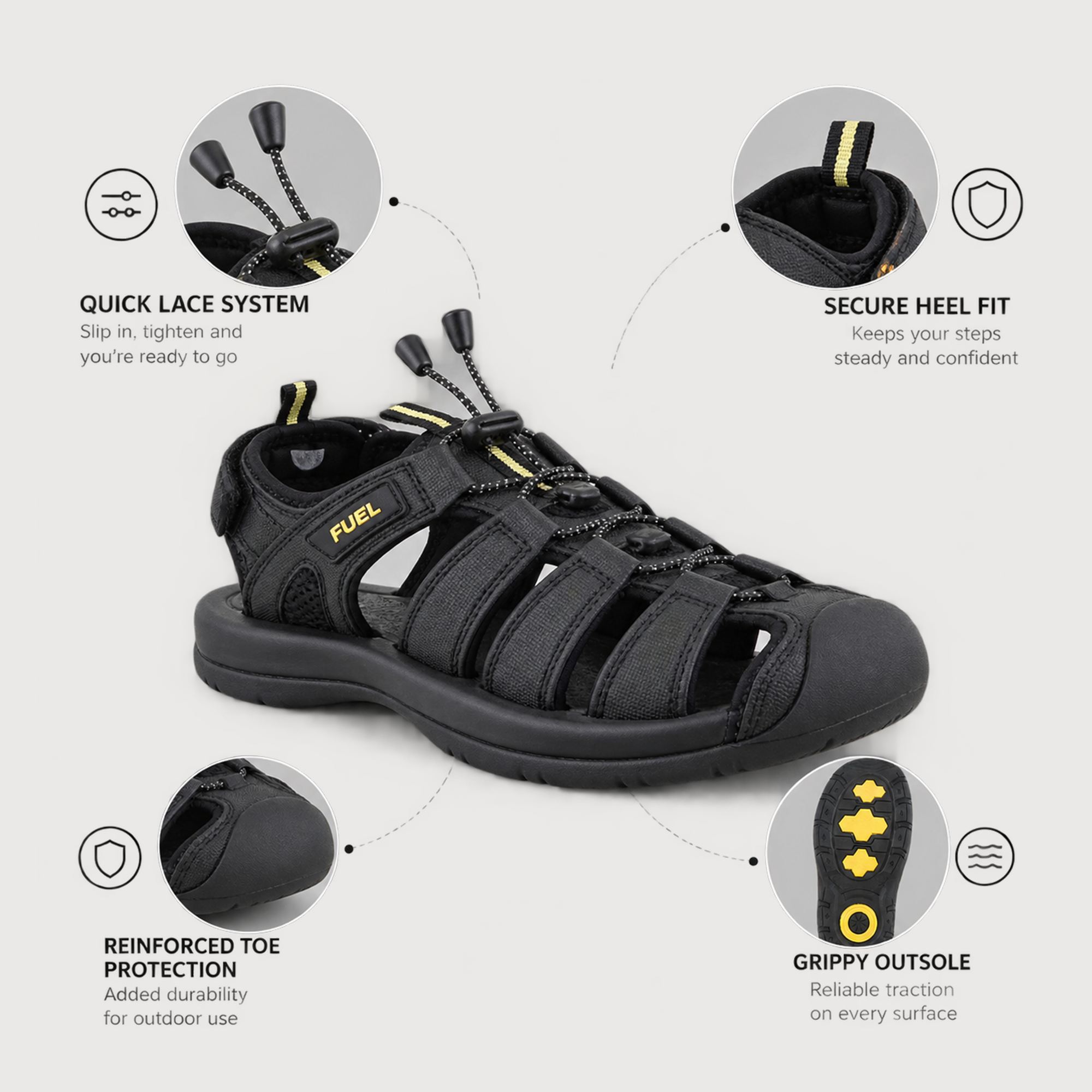 FUEL Commando Comfortable & Breathable Men’s Flexible Fisherman Outdoor Sandals with Protective Toe Cap (Black)