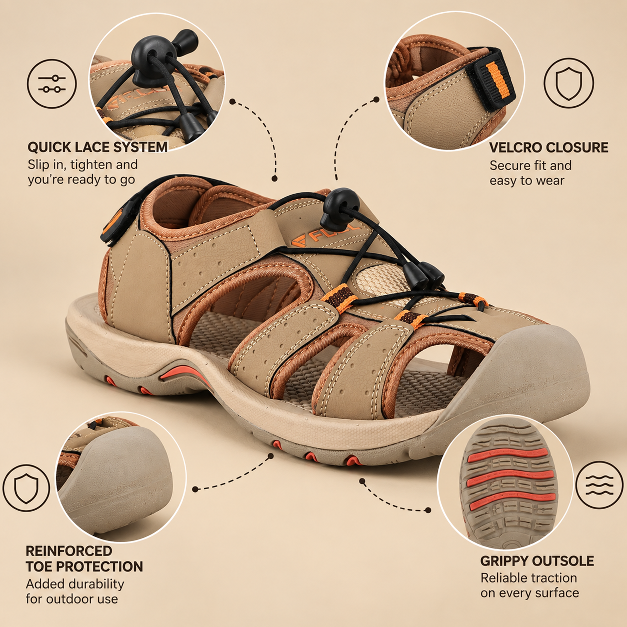 FUEL Soldier-02 Flexible Fisherman Sandals for Men (Beige)
