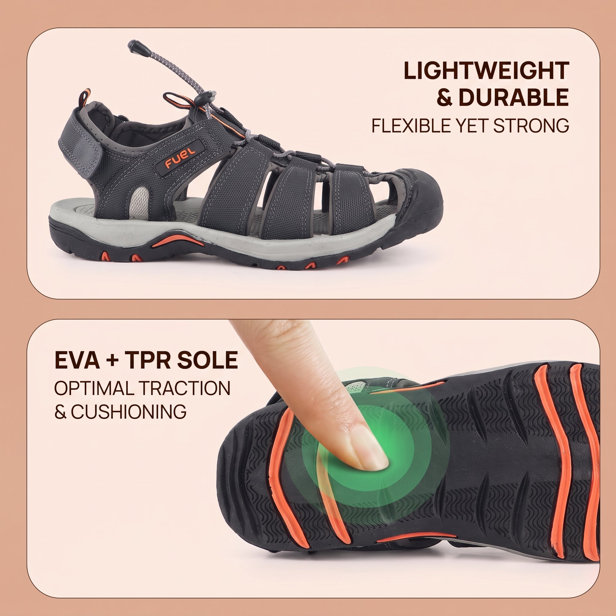 FUEL Soldier-08 Fisherman Protective Toe Cap Sandals for Men (Grey)
