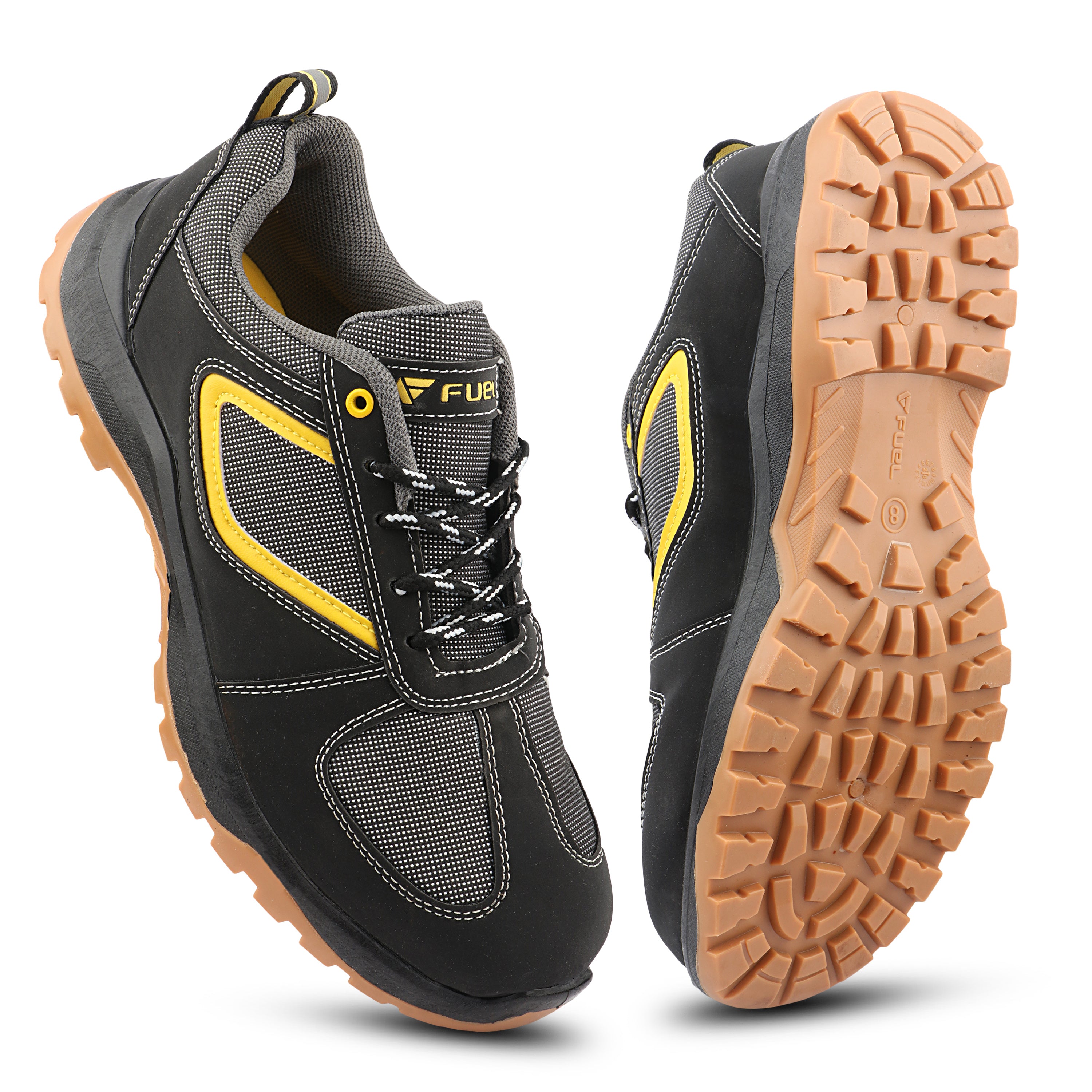 FUEL Diesel  Rexine & Mesh Upper, 200J Steel Toe Protection, Lace-Up Industrial Safety Work Shoes with Durable PVC Sole for Factory, Construction, Warehouse & Heavy-Duty Use Safety Shoes for Men's (Black)