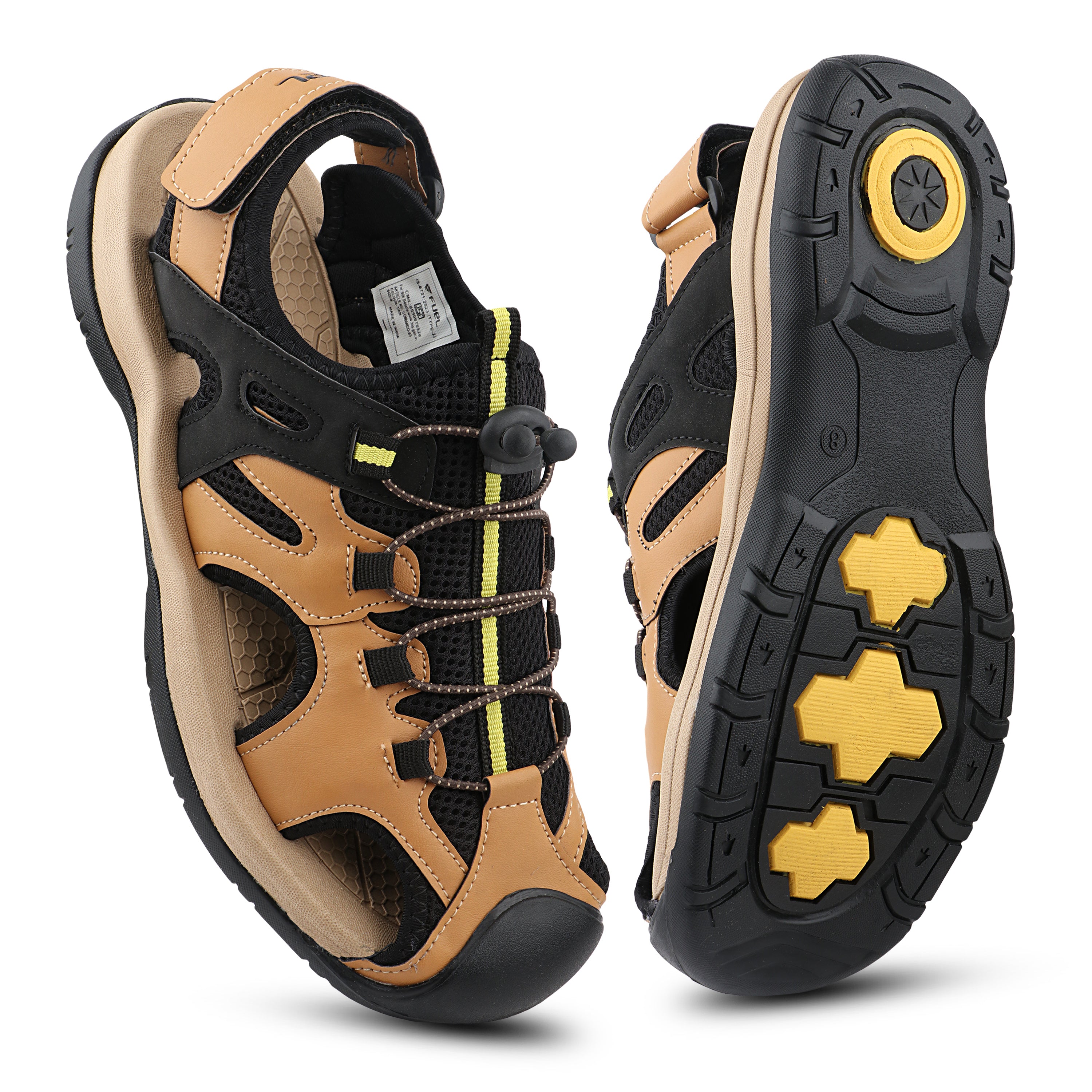FUEL Commando-03 Fishermen Sandals | Mesh + Rexine Upper | EVA + Rubber Sole | Cushioned Footbed | Adjustable Velcro Closure (Tan)