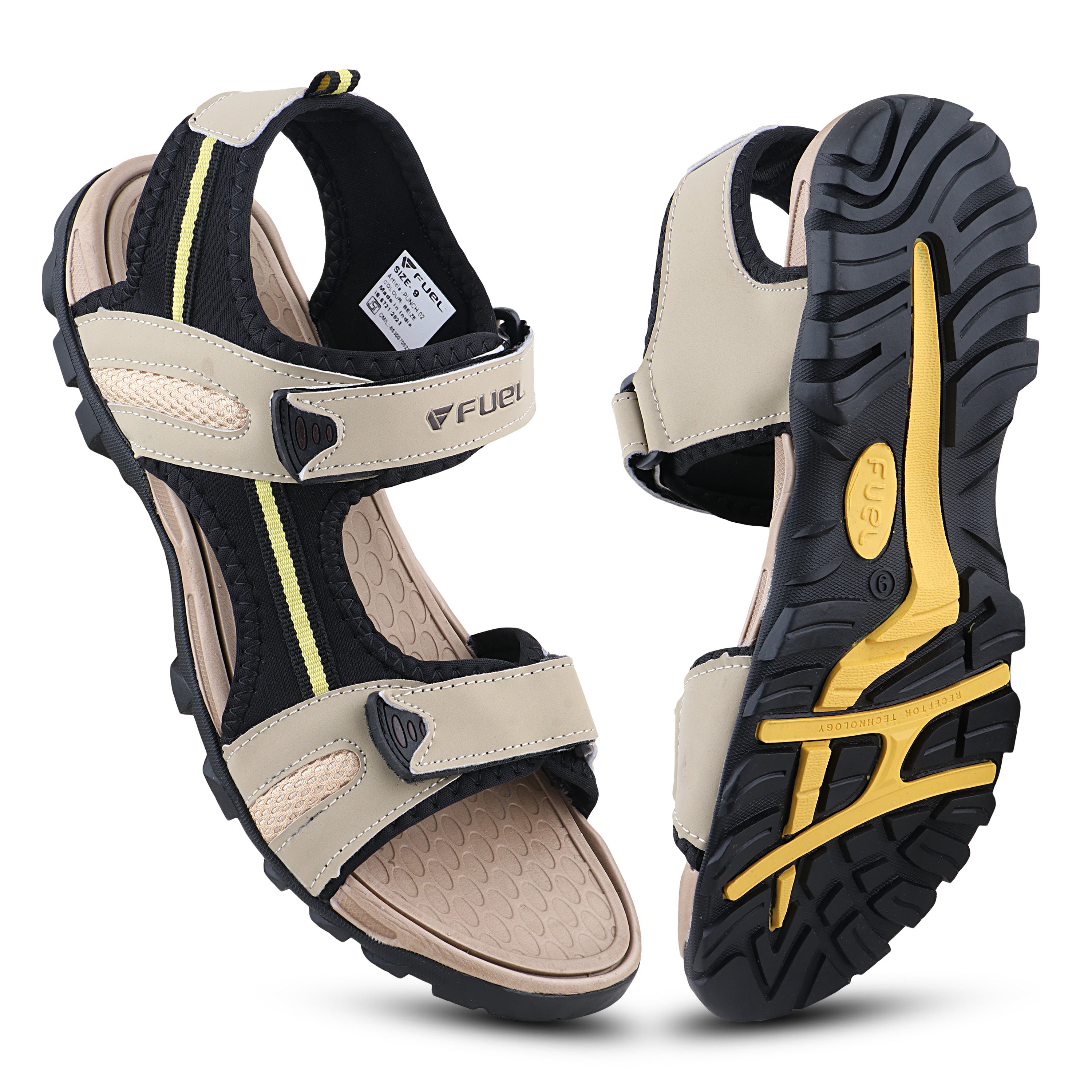 FUEL Punch-01 Sports Sandal for Men – Flexible Lycra Upper with Adjustable Velcro Closure, Cushioned Footbed & Durable Rubber + EVA Sole for Walking, Travel & Everyday Wear (Beige)