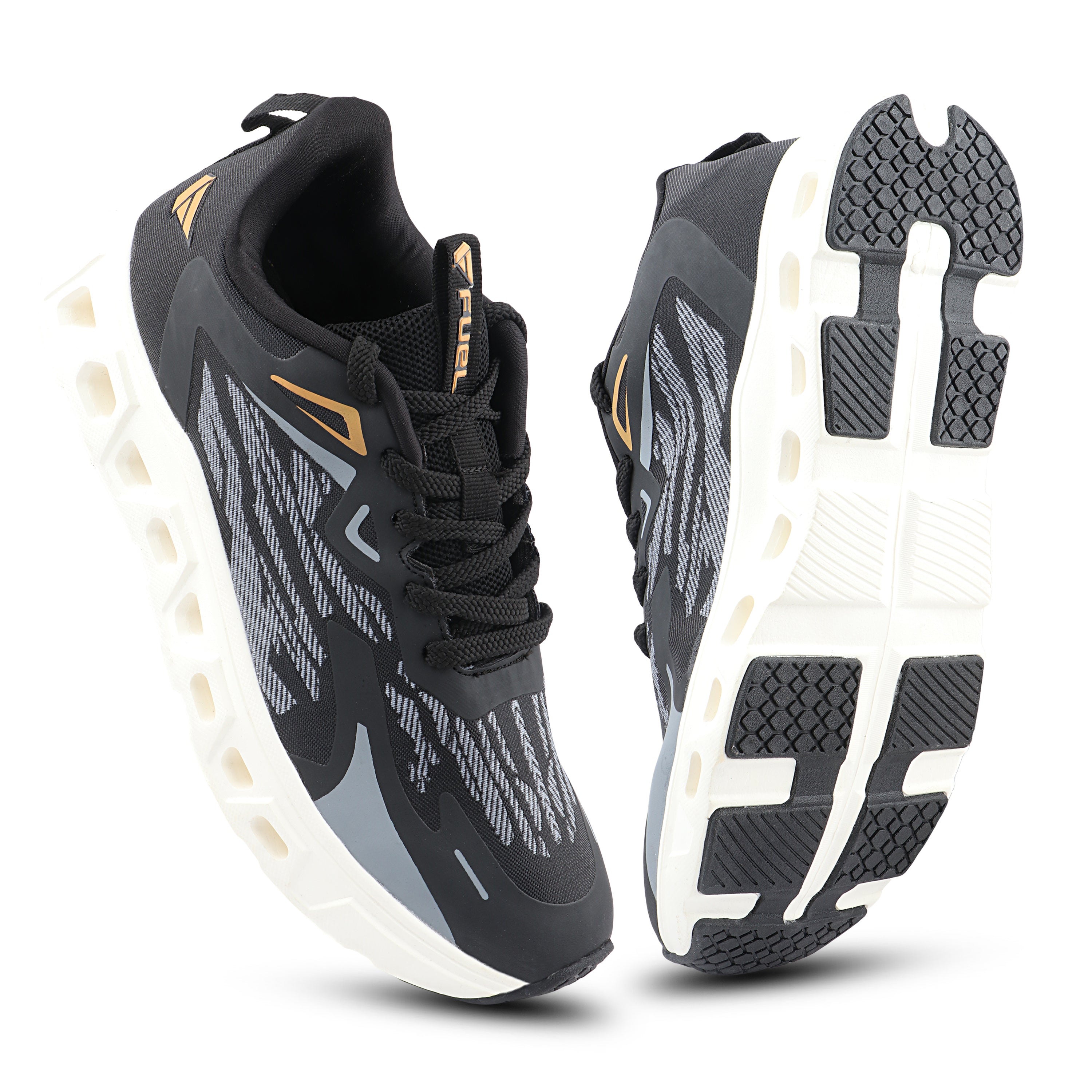 FUEL Sprintx Sports Shoes for Men – Comfortable Mesh Lace-Up Shoes with Cushioned Footbed and Lightweight EVA Sole for Walking, Travel, Workout & Everyday Wear (Black)