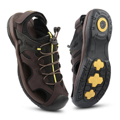 FUEL Commando-03 Fishermen Sandals | Mesh + Rexine Upper | EVA + Rubber Sole | Cushioned Footbed | Adjustable Velcro Closure (Brown)