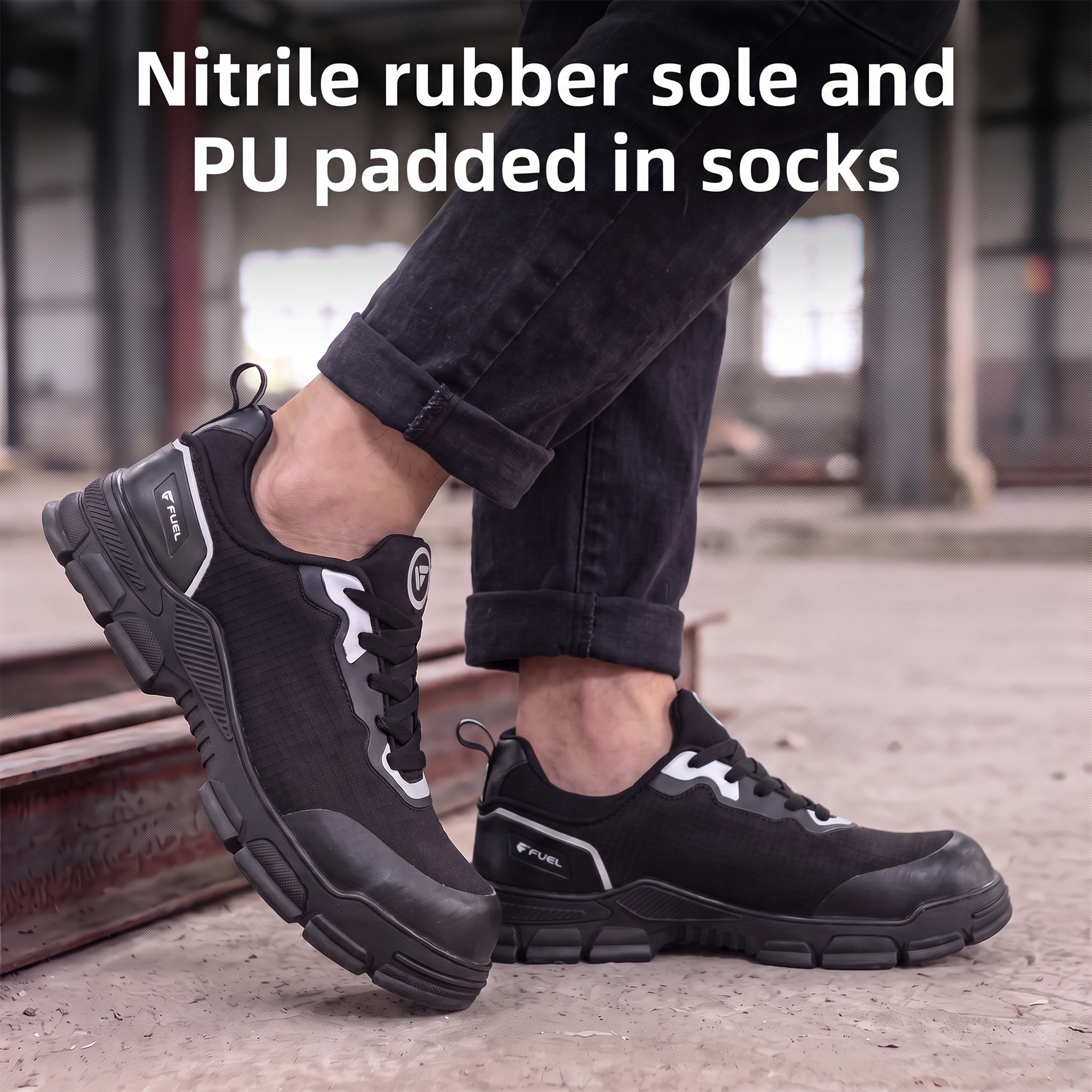 FUEL Reevon-01 Fabric Upper with Nitrile Rubber Sole Safety Shoes in 200J Composit Toe Cap (Black)