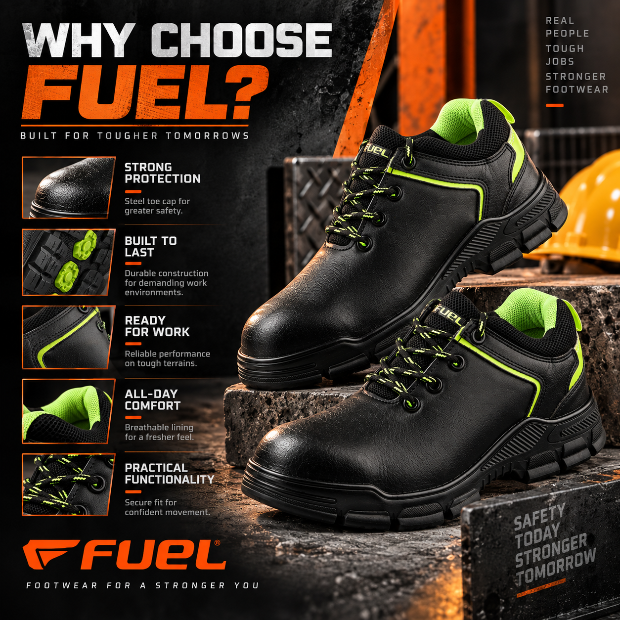 FUEL Reevon-05 ISI Mark Work Safety Shoes for Men – 200J Non-Metallic Toe Protection, Kevlar Insole, Breathable Lining & Durable Nitrile Sole