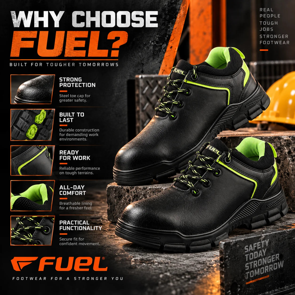 FUEL Reevon-05 ISI Mark Work Safety Shoes for Men – 200J Non-Metallic Toe Protection, Kevlar Insole, Breathable Lining & Durable Nitrile Sole