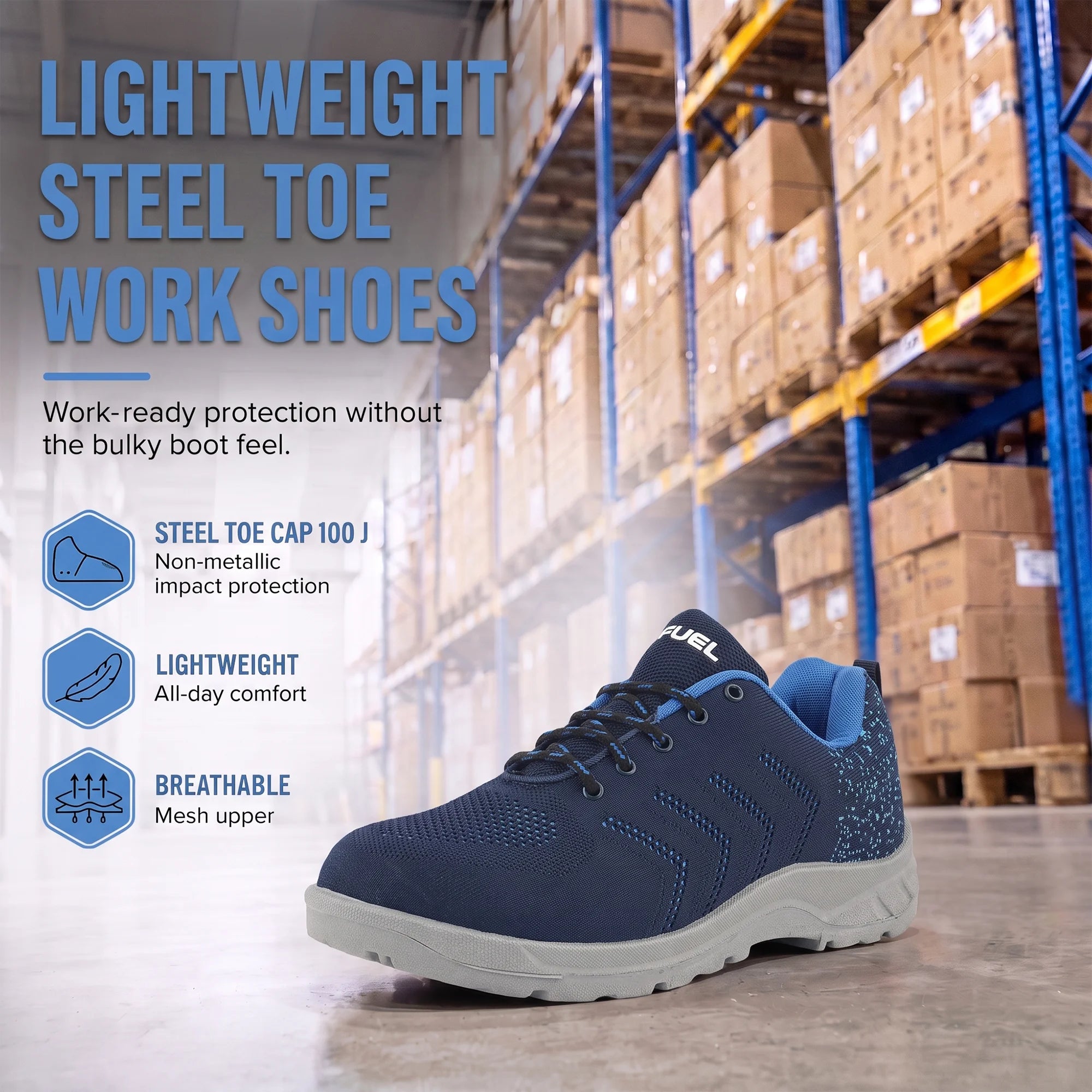 FUEL Arsenal Lightweight Safety Shoes for Men – Durable Industrial Sports Design with Strong Knitted Upper, PVC Sole, and 100J Metallic Toe Cap (UK 6–11)