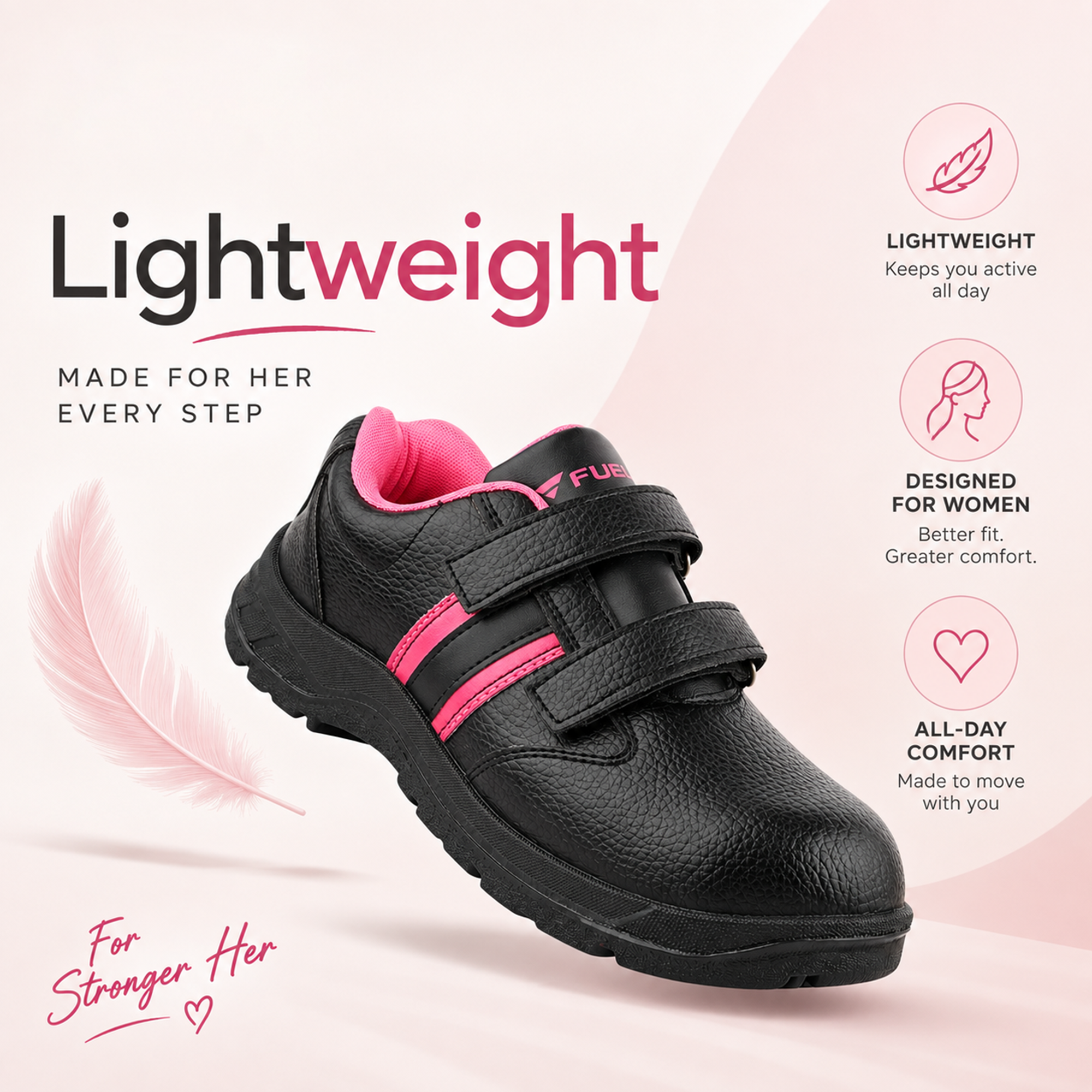 FUEL Riga Leather Safety Shoes for Women's Steel Toe Cap With Single Density PVC Sole (Pink)