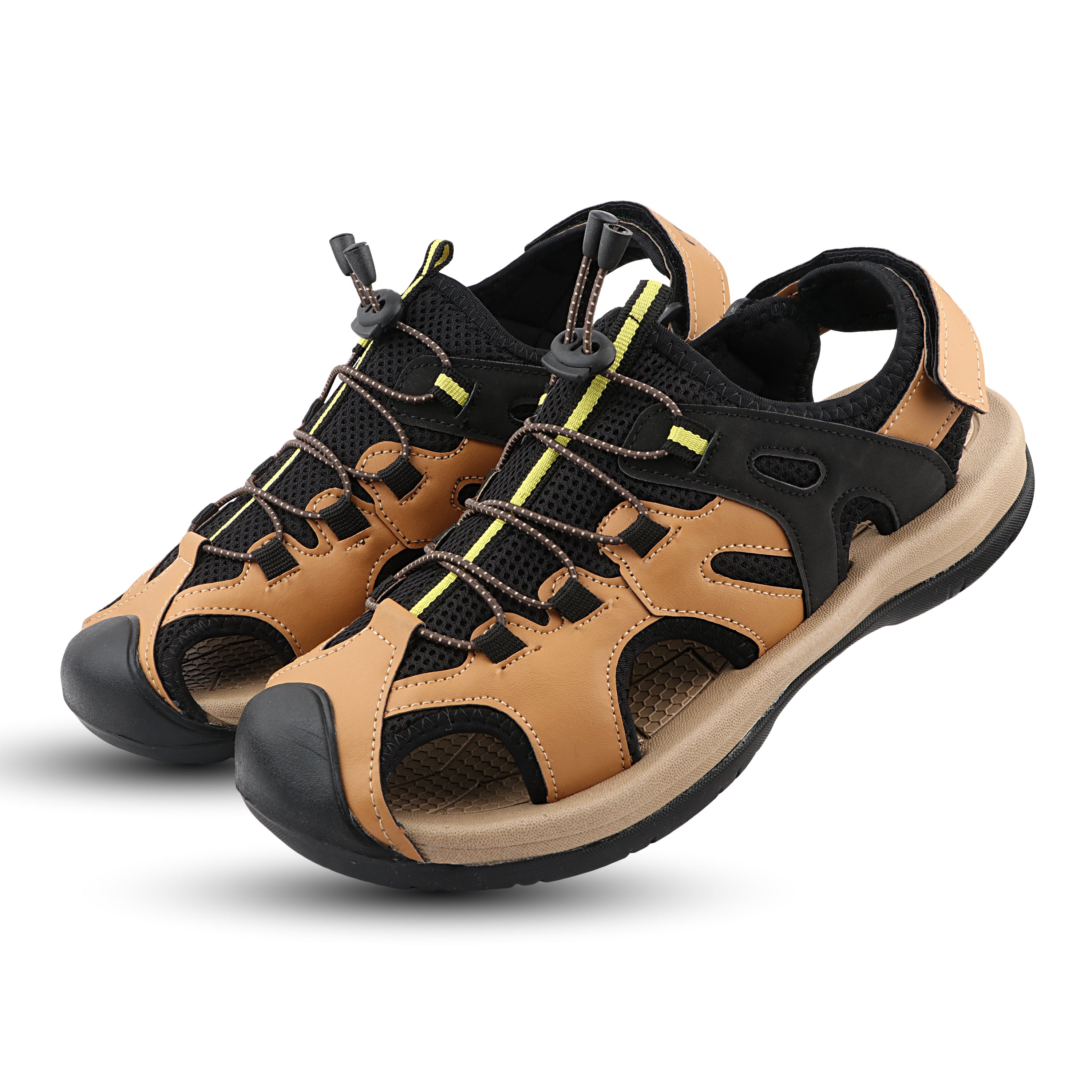 FUEL Commando-03 Fishermen Sandals | Mesh + Rexine Upper | EVA + Rubber Sole | Cushioned Footbed | Adjustable Velcro Closure (Tan)