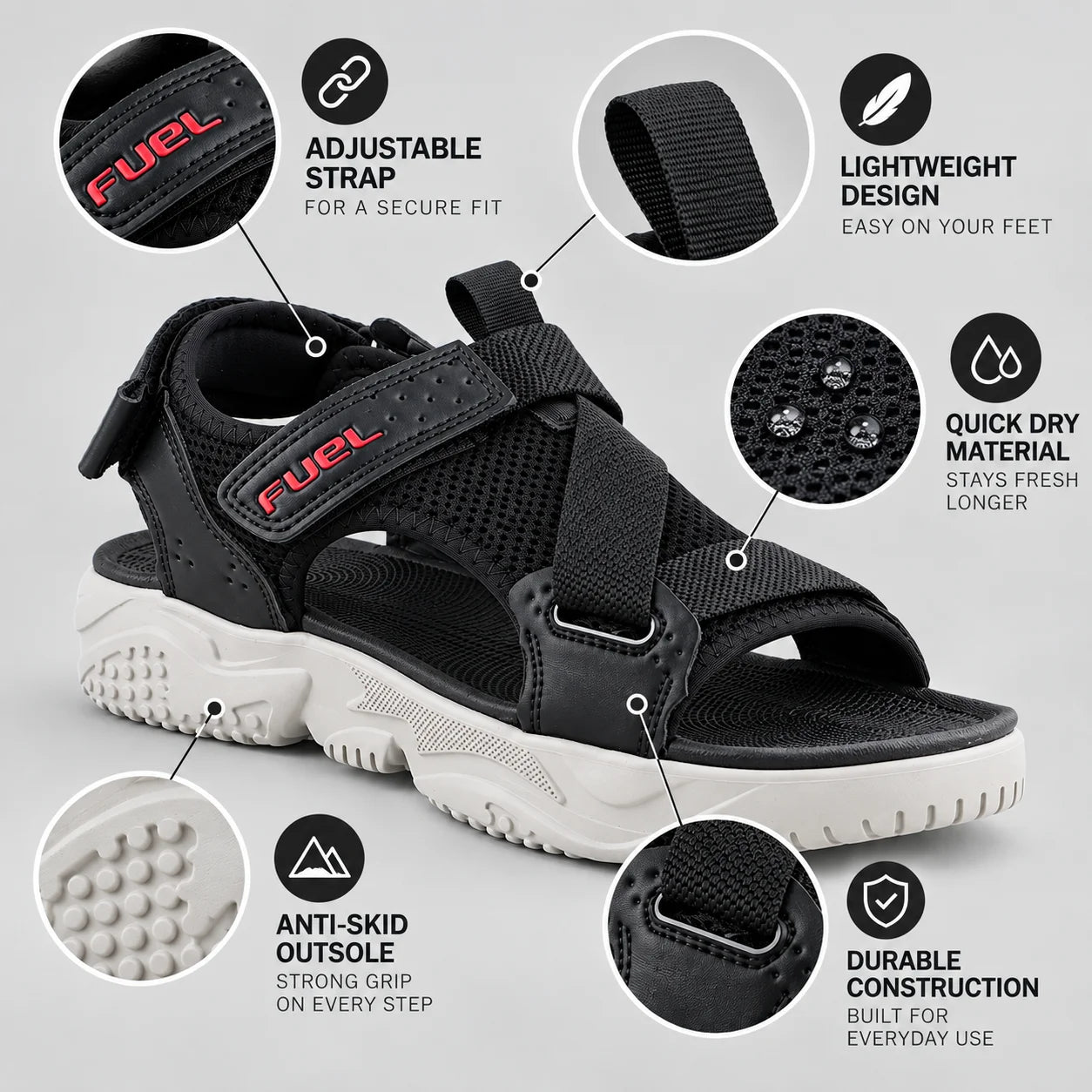 FUEL Gabbro Chunky Sports Sandals for Men (Black-White)