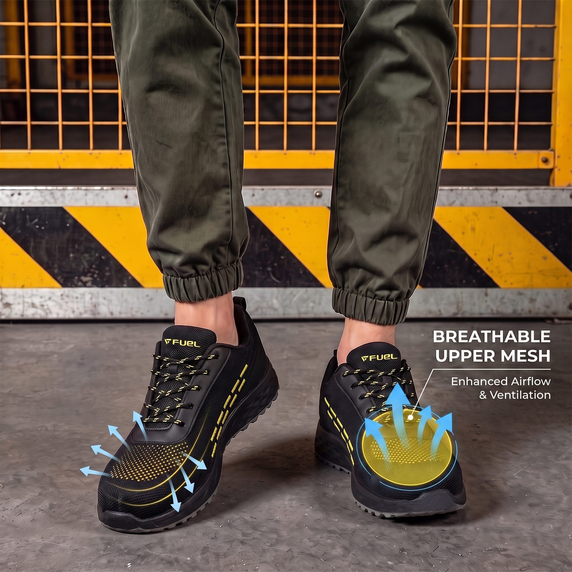 FUEL Armour 1 DD ISI Marked Strong Knitting Upper Breathable Safety Shoes for Men's Steel Toe Cap With Double Density Rubberized PVC Sole (Black)
