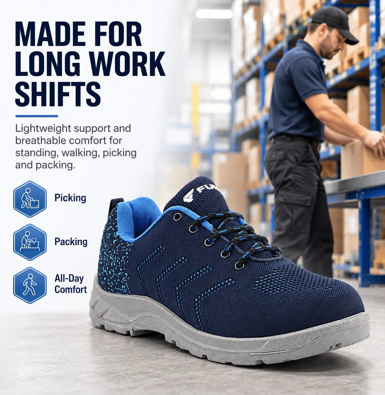 FUEL Arsenal Lightweight Safety Shoes for Men – Durable Industrial Sports Design with Strong Knitted Upper, PVC Sole, and 100J Metallic Toe Cap (UK 6–11)