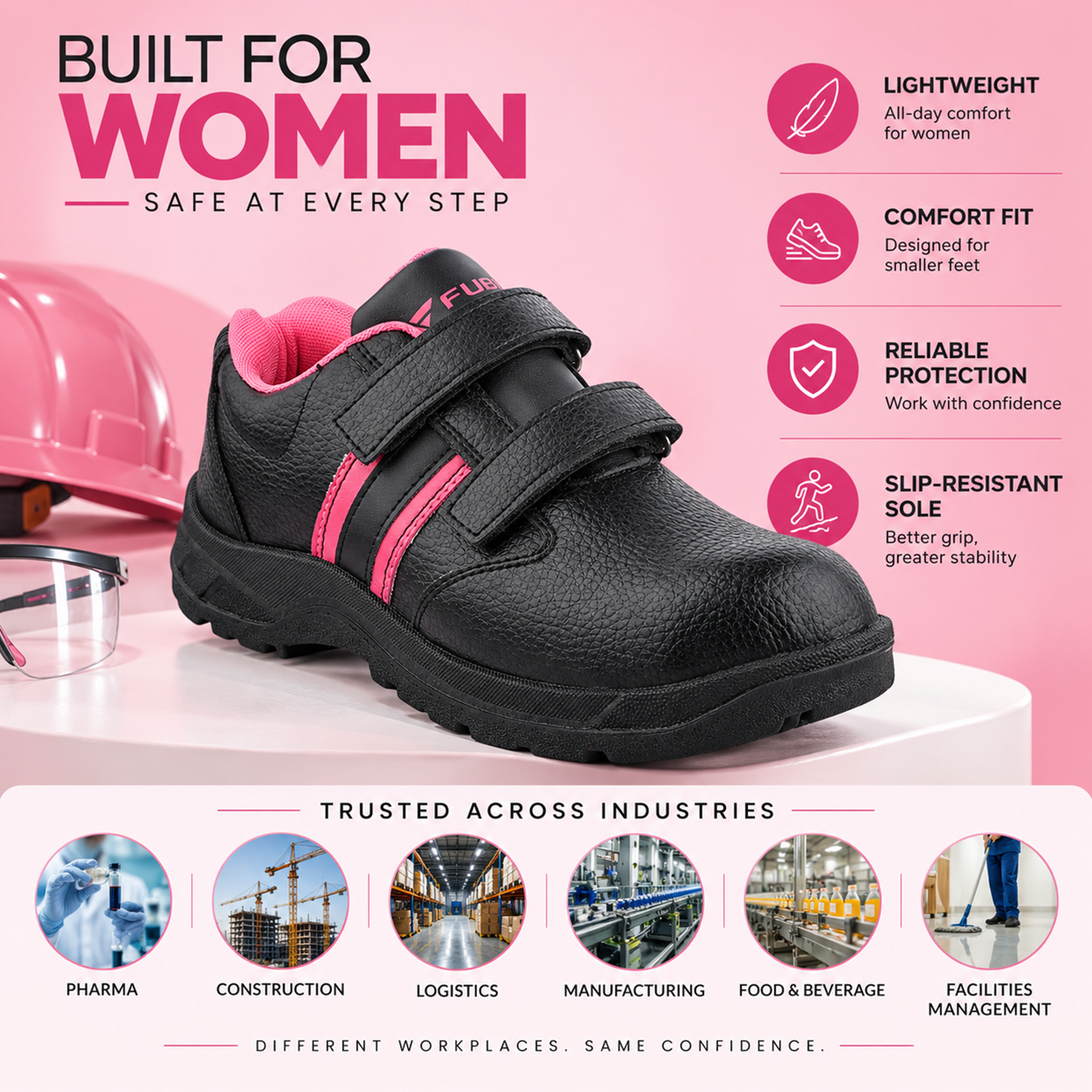 FUEL Riga Leather Safety Shoes for Women's Steel Toe Cap With Single Density PVC Sole (Pink)