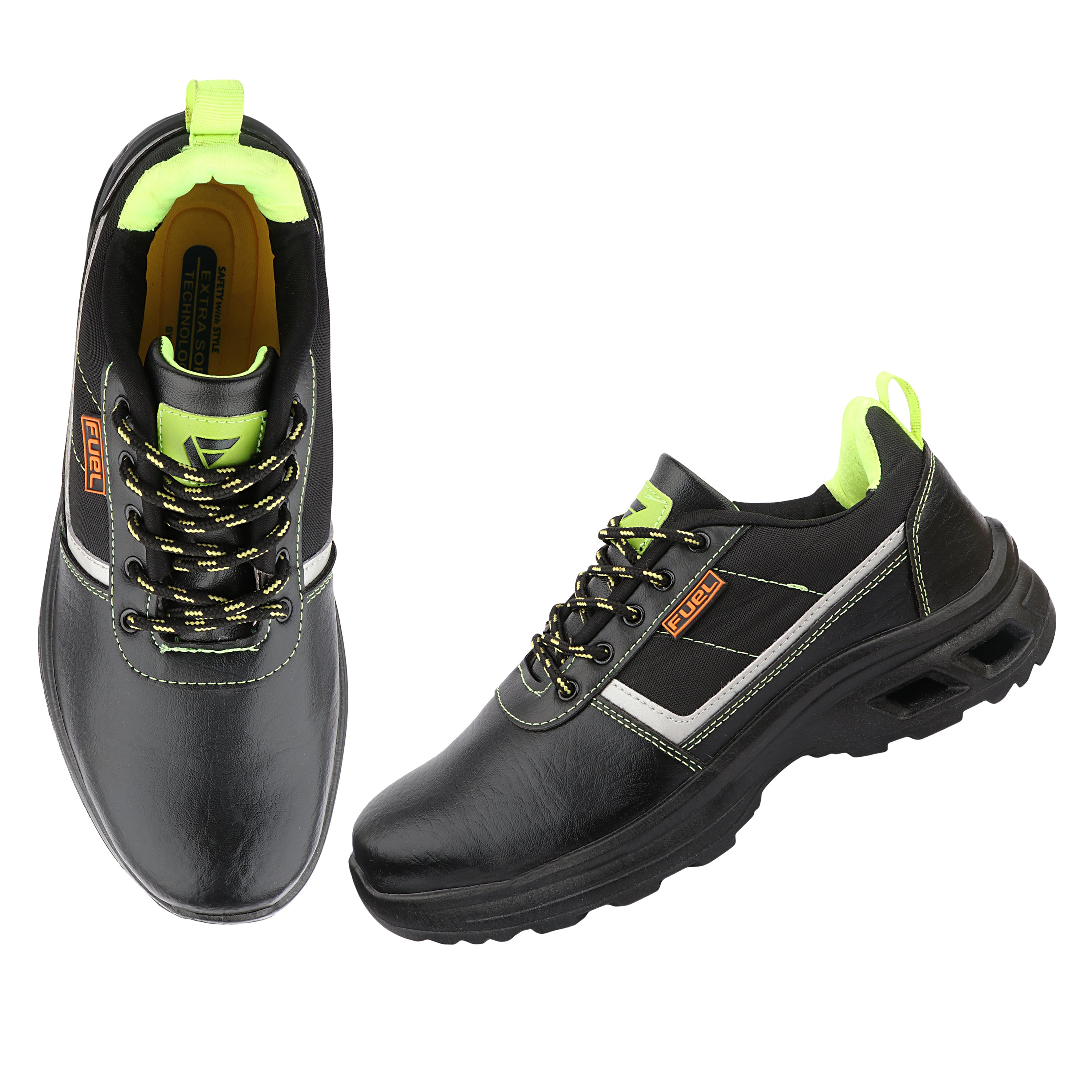 FUEL Carbon Steel Toe Safety Shoes – 100J Impact Protection, Rexine & Fabric Upper, Industrial Work Shoes (Black)