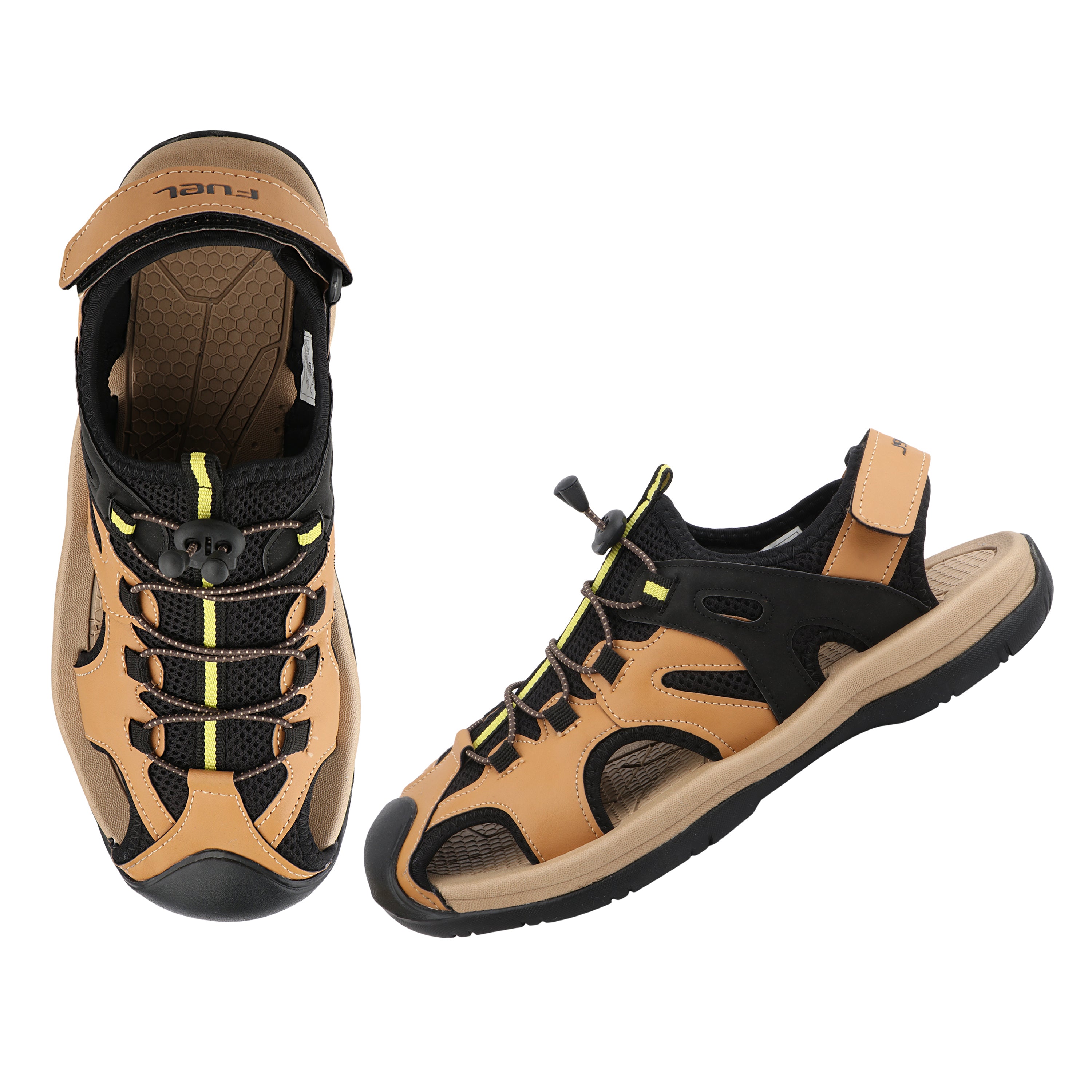 FUEL Commando-03 Fishermen Sandals | Mesh + Rexine Upper | EVA + Rubber Sole | Cushioned Footbed | Adjustable Velcro Closure (Tan)