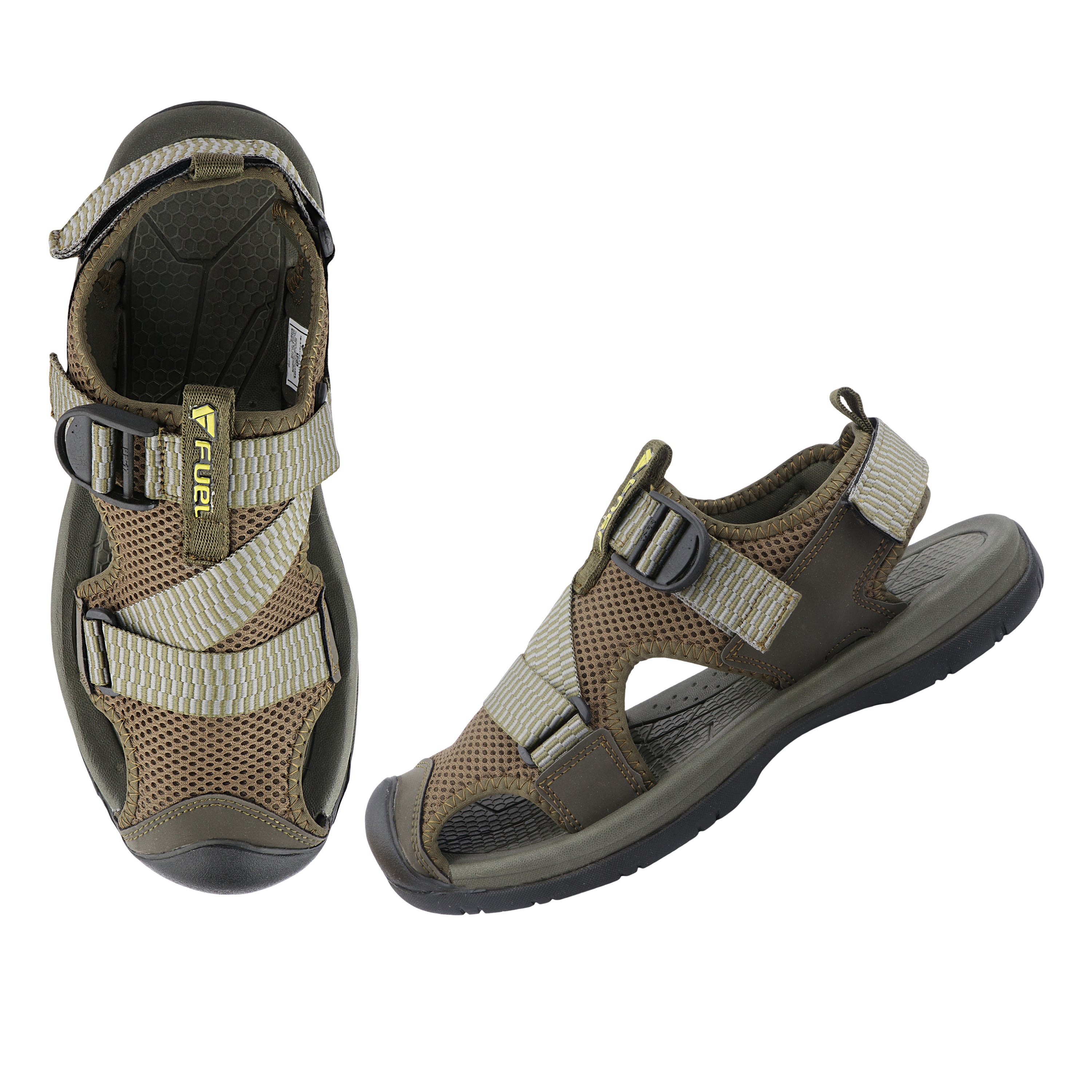 FUEL Commando-02 Fishermen Sandal for Men – Premium Outdoor Style with Breathable Mesh + Lycra Upper, Soft Cushioned Footbed, Easy Adjustable Velcro Closure and Durable EVA + Rubber Outsole for Everyday Comfort (Olive)