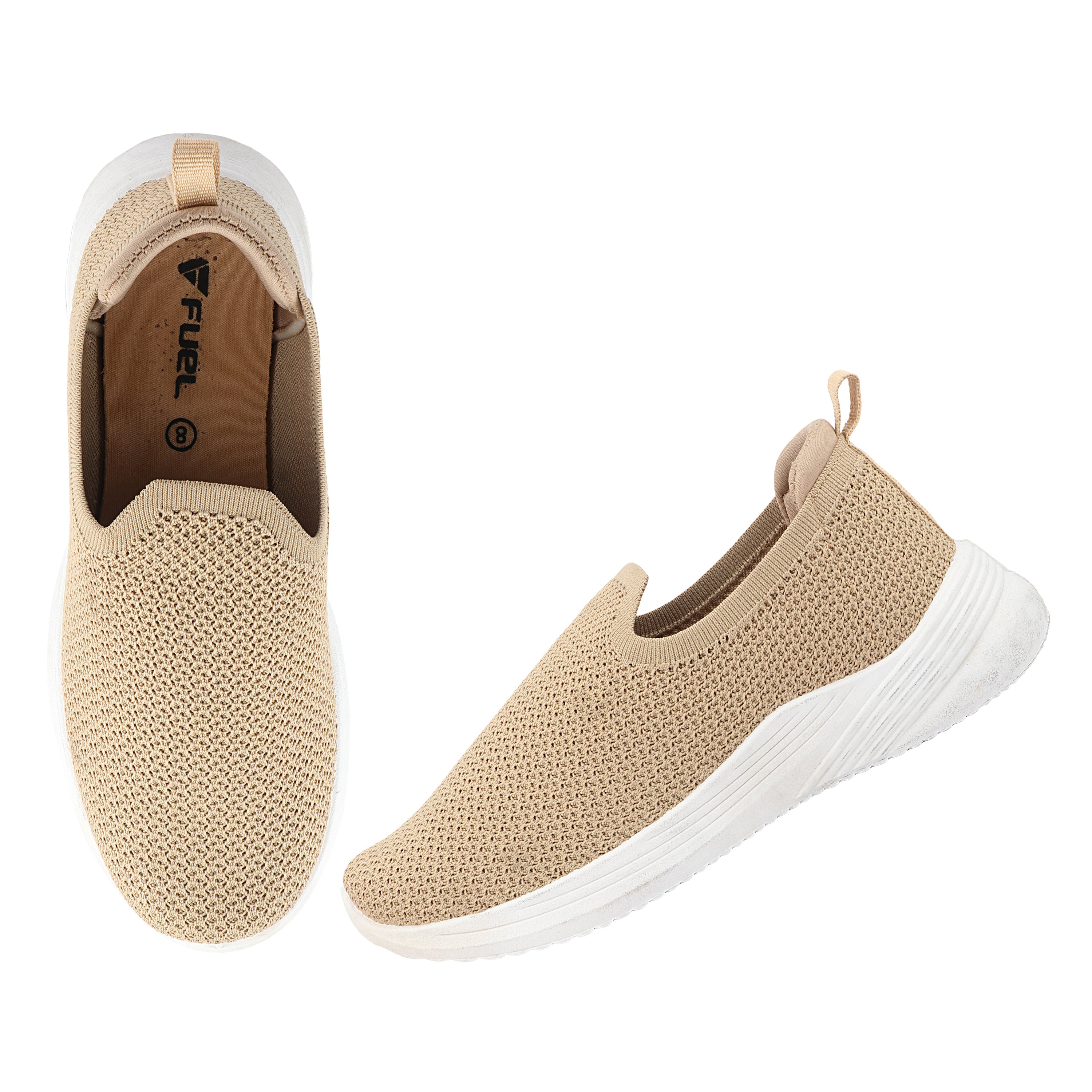 FUEL Nayasa-02 Women’s Slip-On Shoes – Modern Casual Design with Soft Knitted Upper, Cushioned Footbed and Sturdy PVC Sole for Everyday Comfort (Beige)