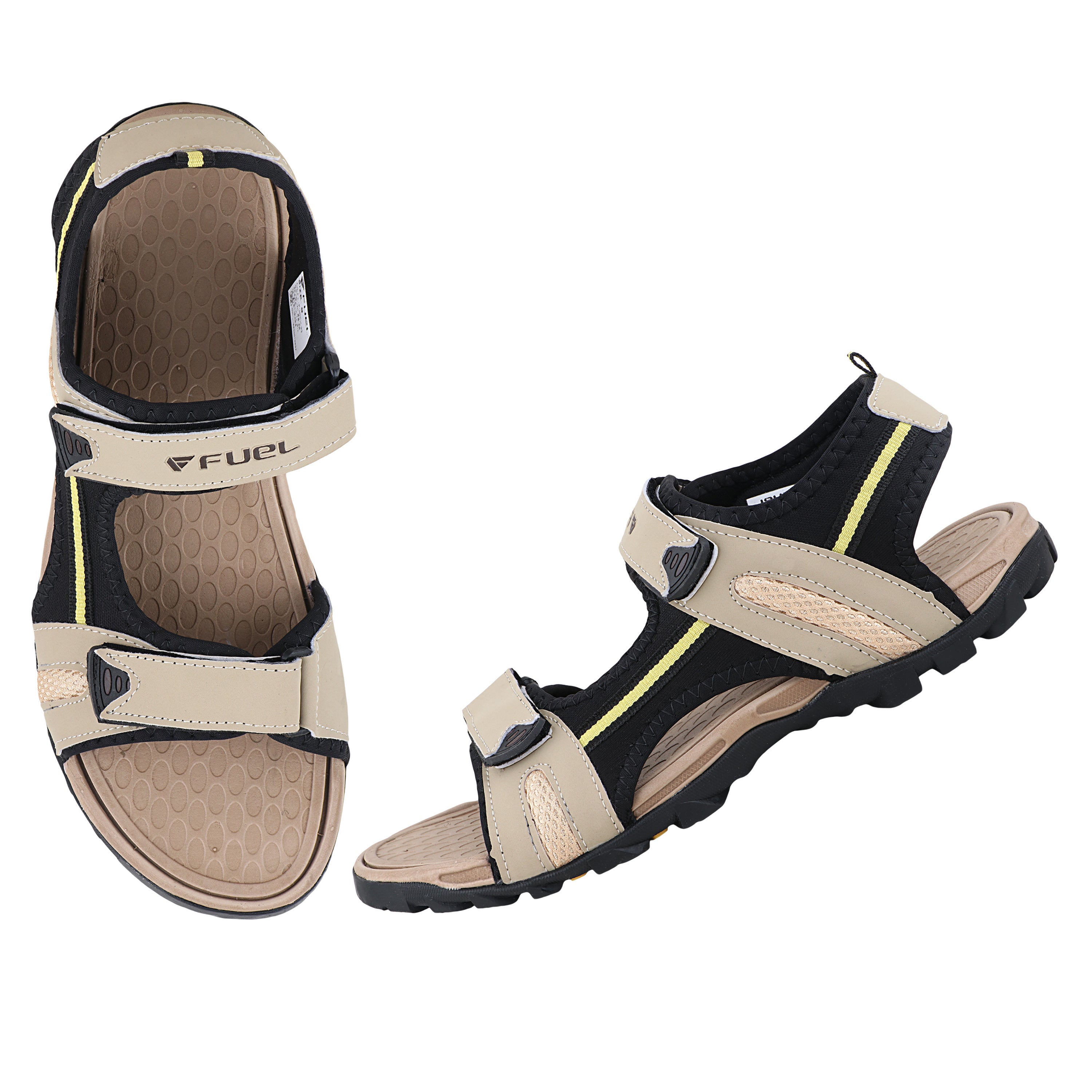 FUEL Punch-01 Sports Sandal for Men – Flexible Lycra Upper with Adjustable Velcro Closure, Cushioned Footbed & Durable Rubber + EVA Sole for Walking, Travel & Everyday Wear (Beige)