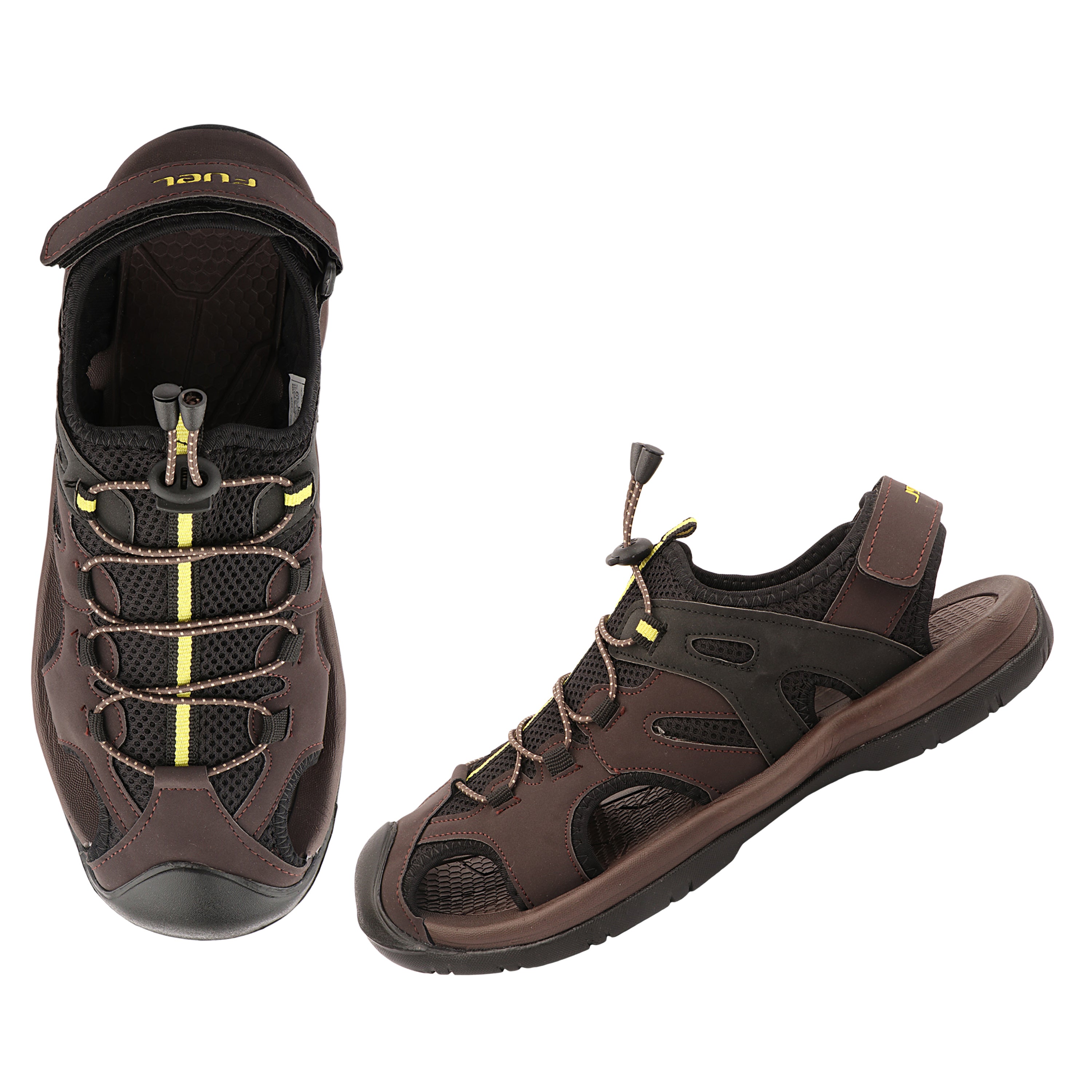 FUEL Commando-03 Fishermen Sandals | Mesh + Rexine Upper | EVA + Rubber Sole | Cushioned Footbed | Adjustable Velcro Closure (Brown)