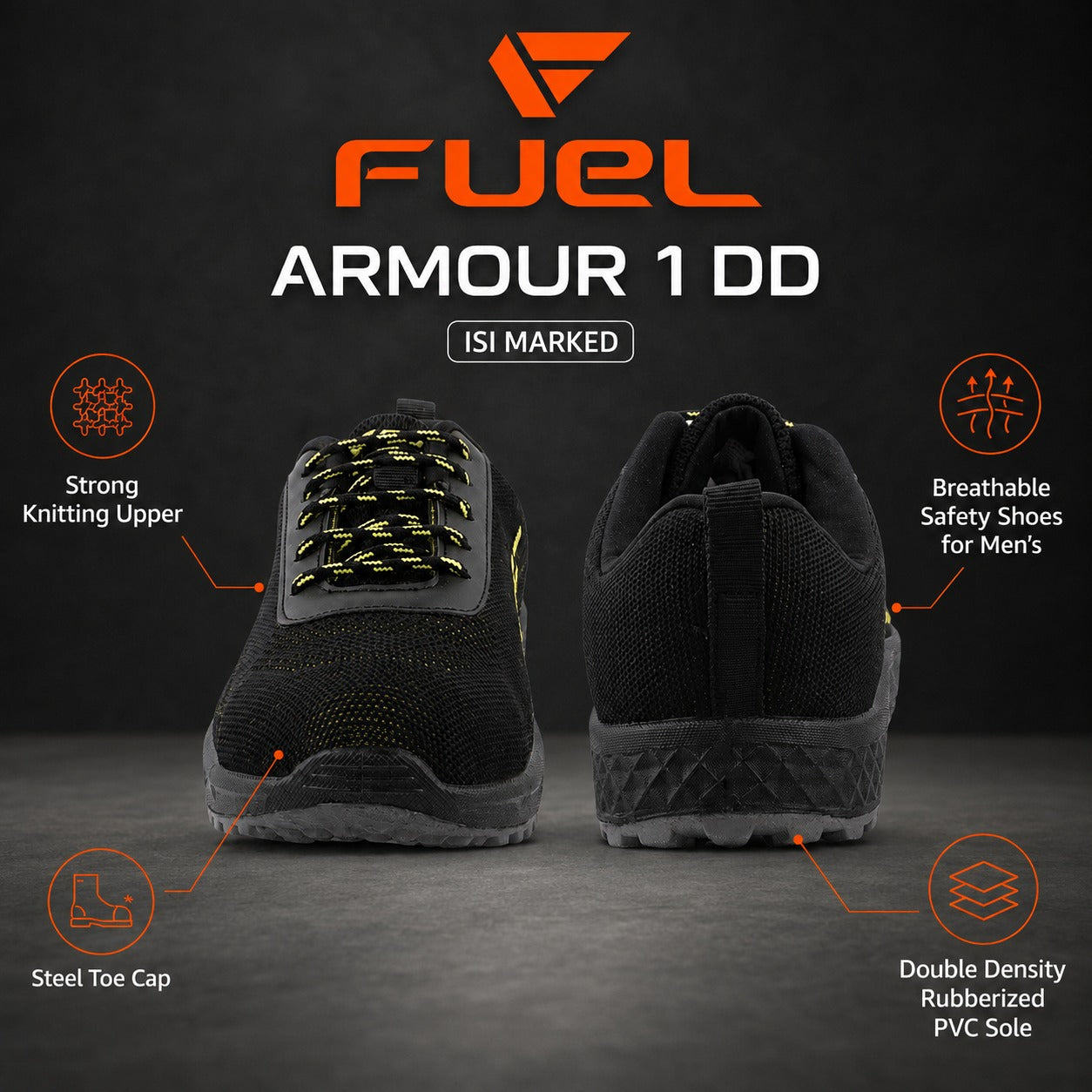 FUEL Armour 1 DD ISI Marked Strong Knitting Upper Breathable Safety Shoes for Men's Steel Toe Cap With Double Density Rubberized PVC Sole (Black)