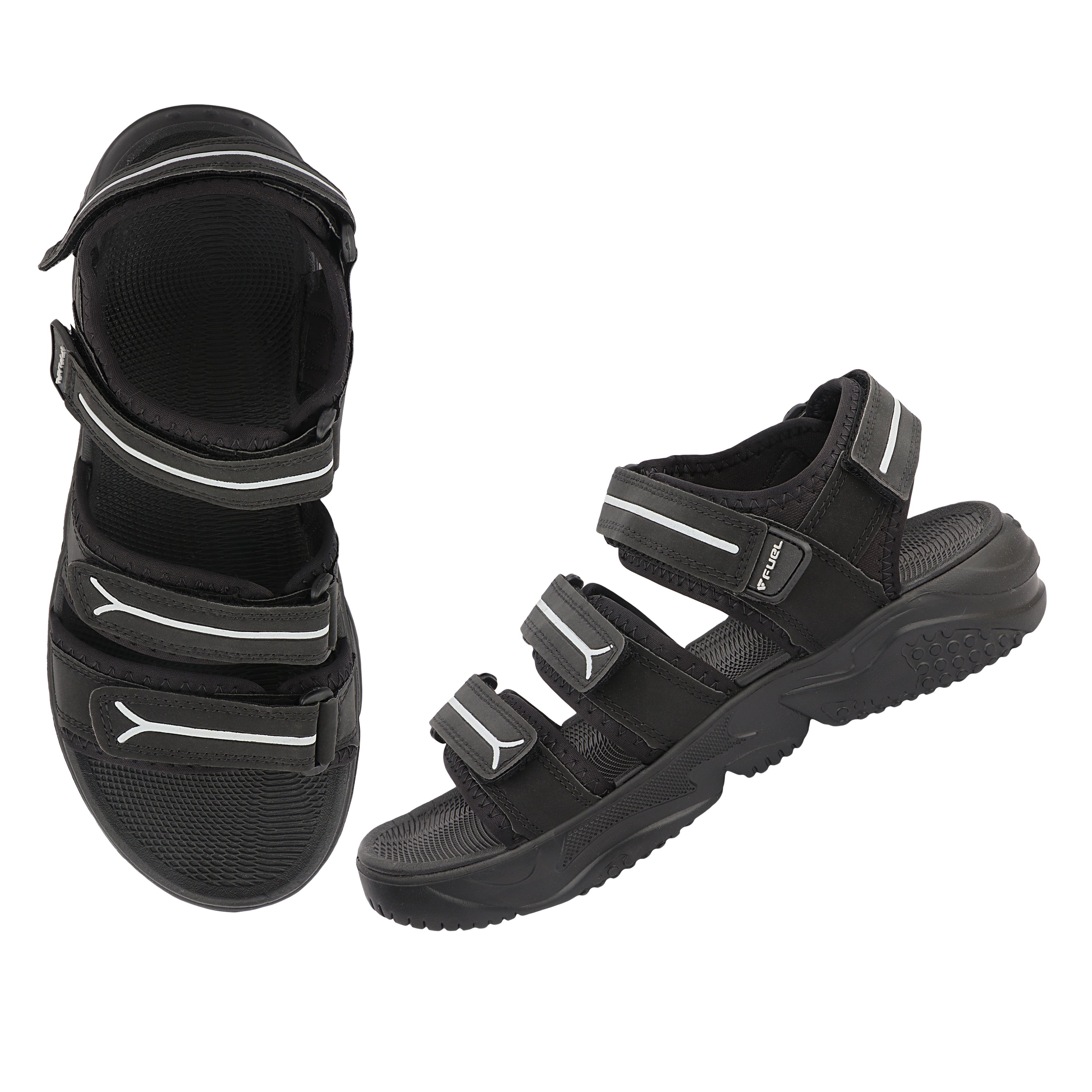 FUEL Keta Chunky Sandals for Men – Comfortable Lycra + Rexine Upper with Velcro Closure, Cushioned Footbed & Lightweight EVA Sole for Casual and Regular Wear (Black)