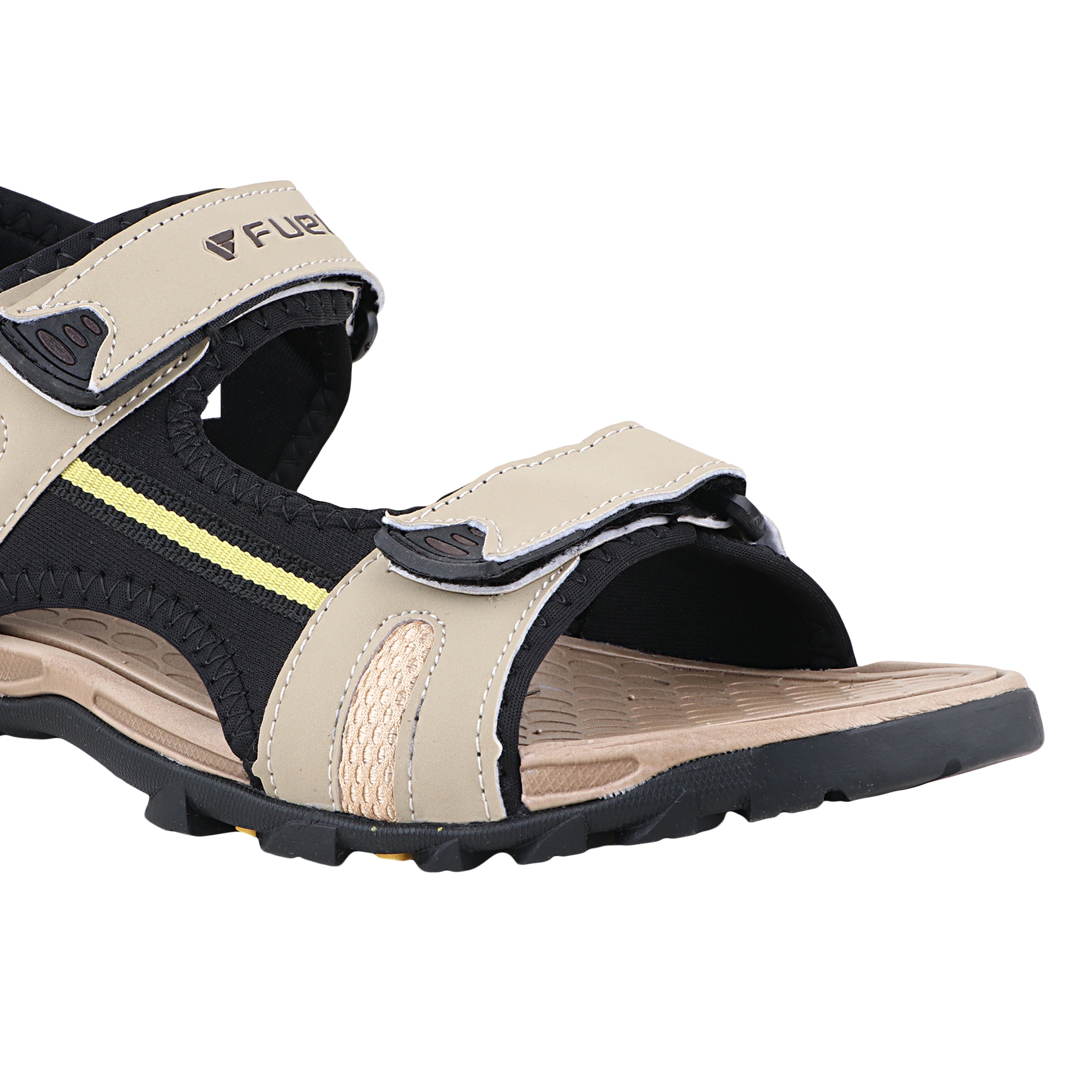 FUEL Punch-01 Sports Sandal for Men – Flexible Lycra Upper with Adjustable Velcro Closure, Cushioned Footbed & Durable Rubber + EVA Sole for Walking, Travel & Everyday Wear (Beige)