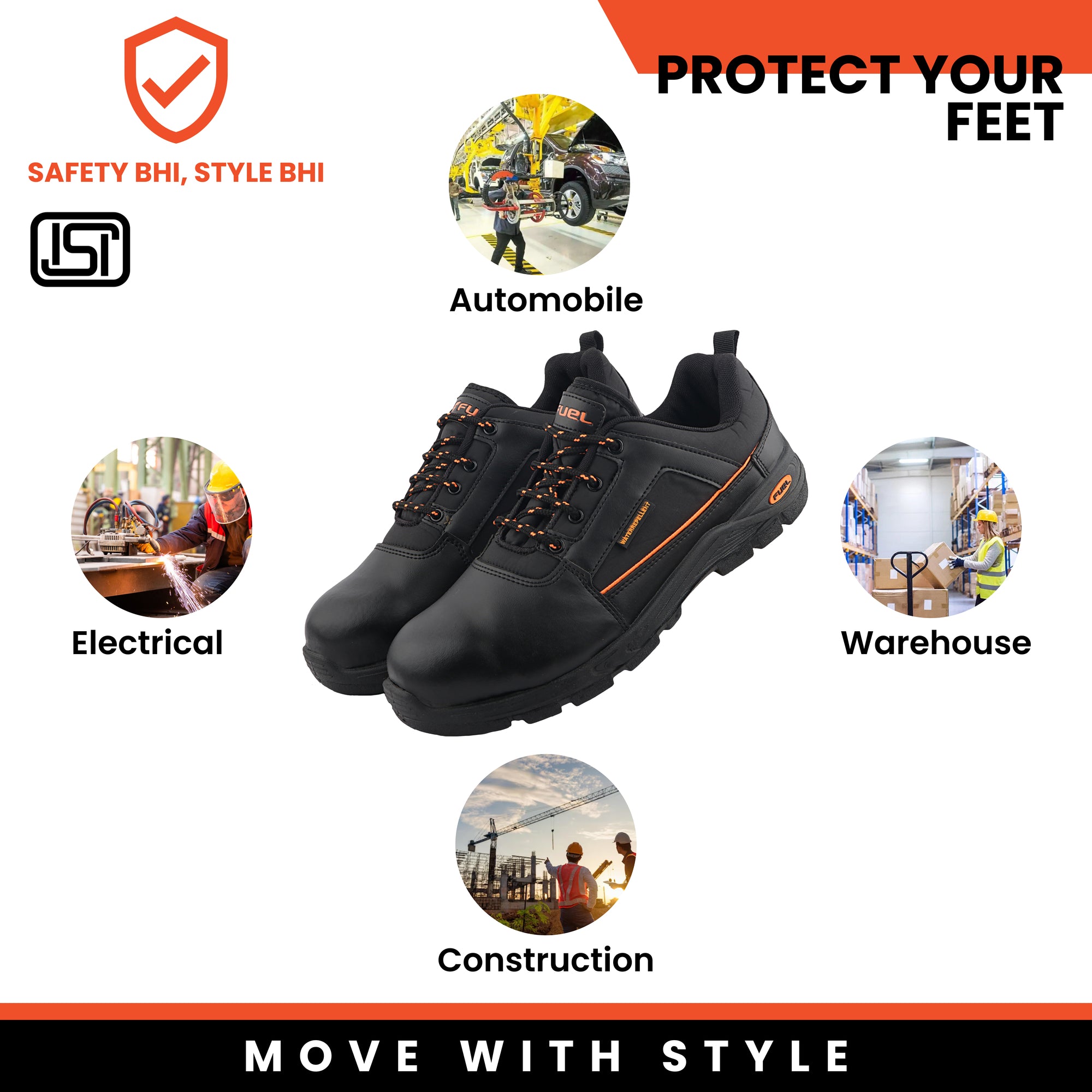 Fuel Armour 3 SD ISI Marked Synthetic Fabric Breathable Safety Shoes For Men's Steel Toe Cap With Single Density Rubberized PVC Sole (Black)