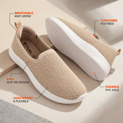 FUEL Nayasa-02 Women’s Slip-On Shoes – Modern Casual Design with Soft Knitted Upper, Cushioned Footbed and Sturdy PVC Sole for Everyday Comfort (Beige)