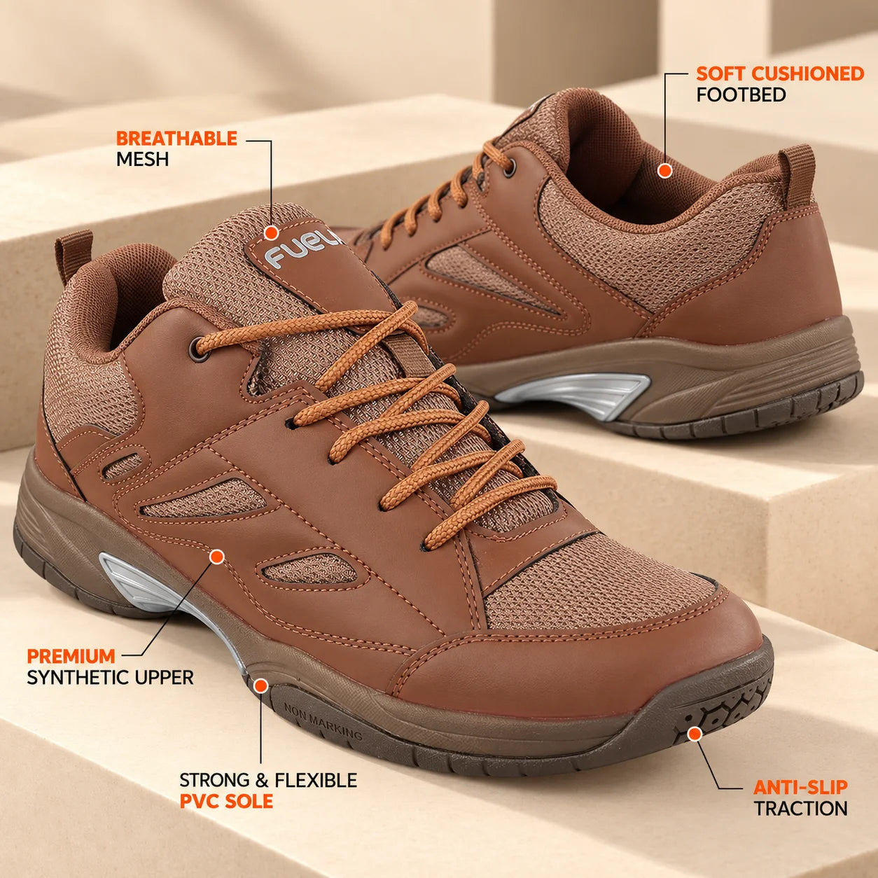 FUEL Snow Lightweight & Durable Lace-Up Sports Shoes for Men's (Brown)