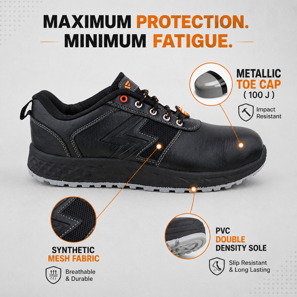FUEL Gravix Synthetic Upper & PVC double density Sole Industrial Steel Toe Safety Shoes for Men (Black)