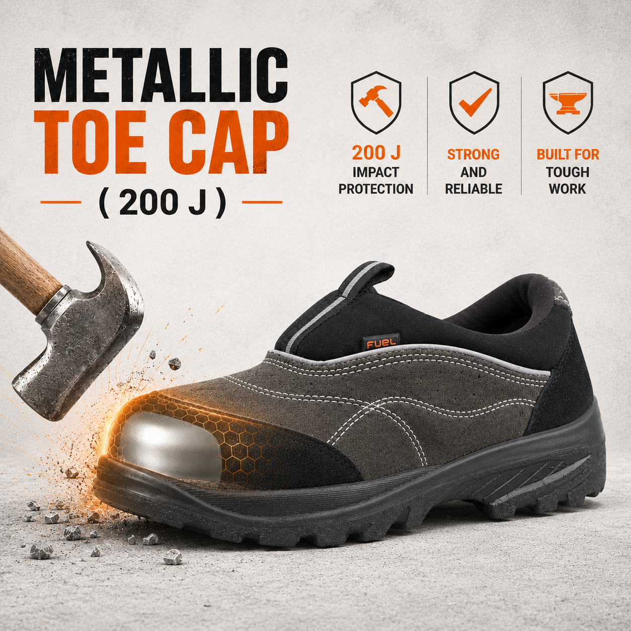 FUEL Slip-on Industrial PU Single Density Sole Safety Shoes for Men with 200J Steel Toe (Black)