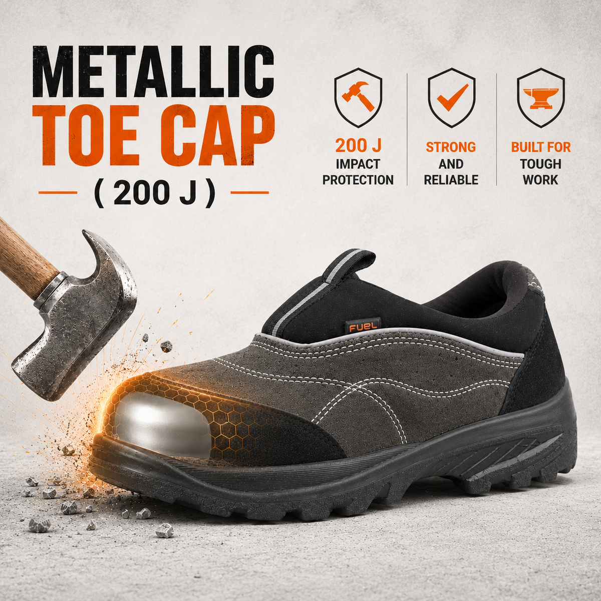 FUEL Slip-on Industrial PU Single Density Sole Safety Shoes for Men with 200J Steel Toe (Black)