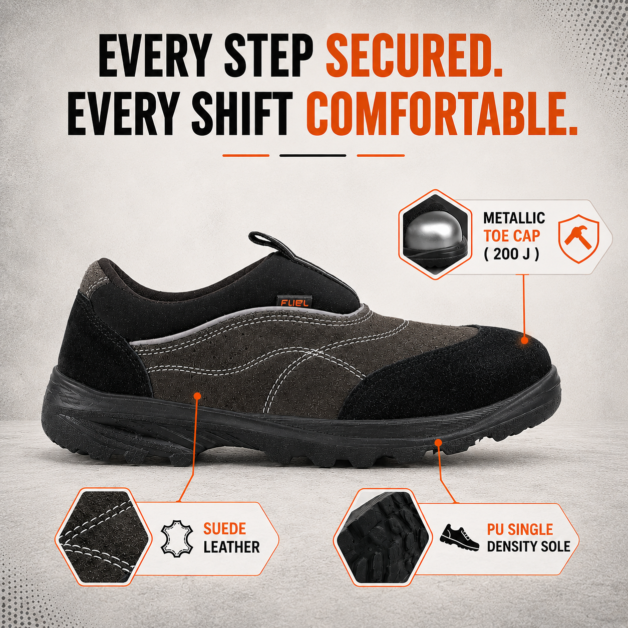 FUEL Slip-on Industrial PU Single Density Sole Safety Shoes for Men with 200J Steel Toe (Black)