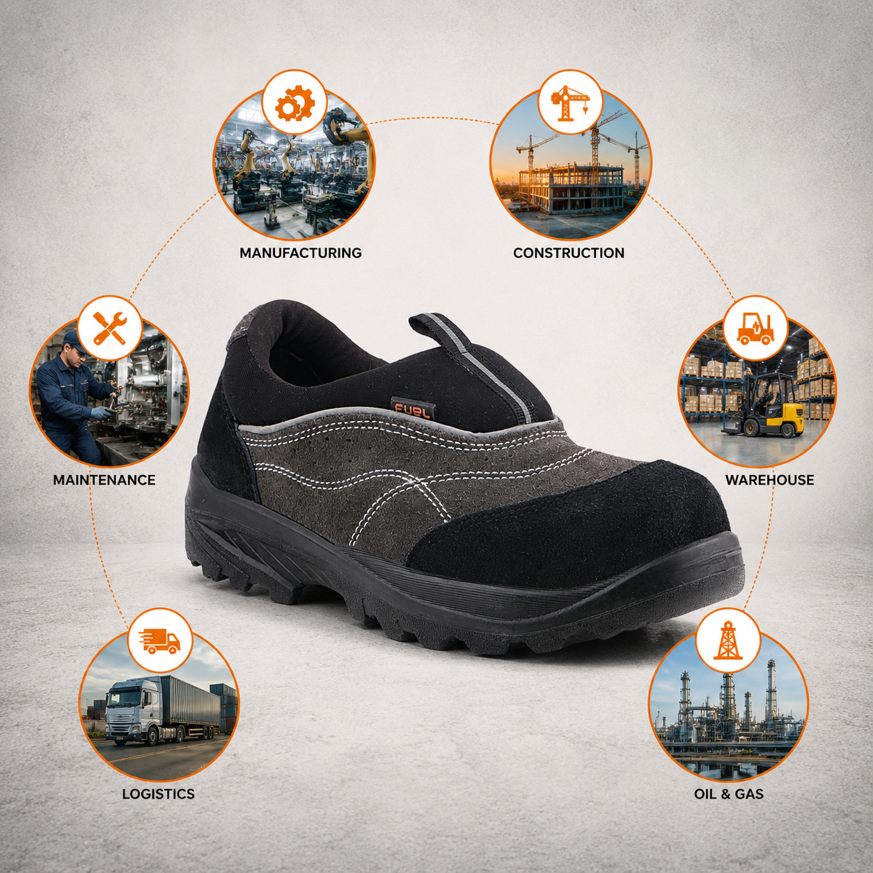 FUEL Slip-on Industrial PU Single Density Sole Safety Shoes for Men with 200J Steel Toe (Black)